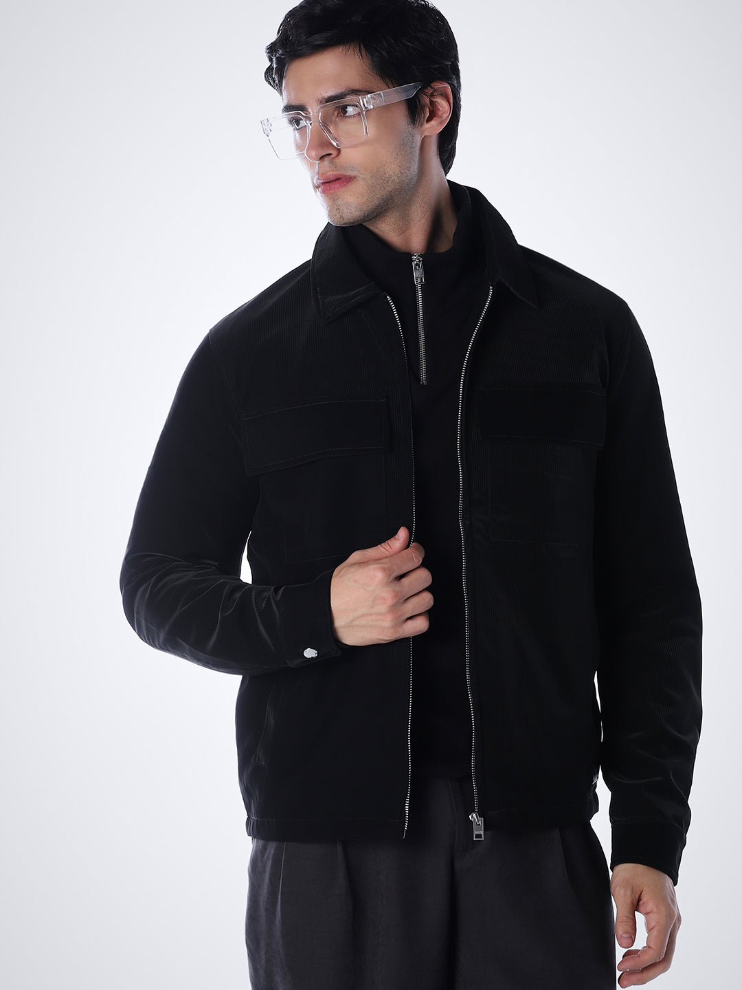 Zip-Front Casual Jacket - Black
