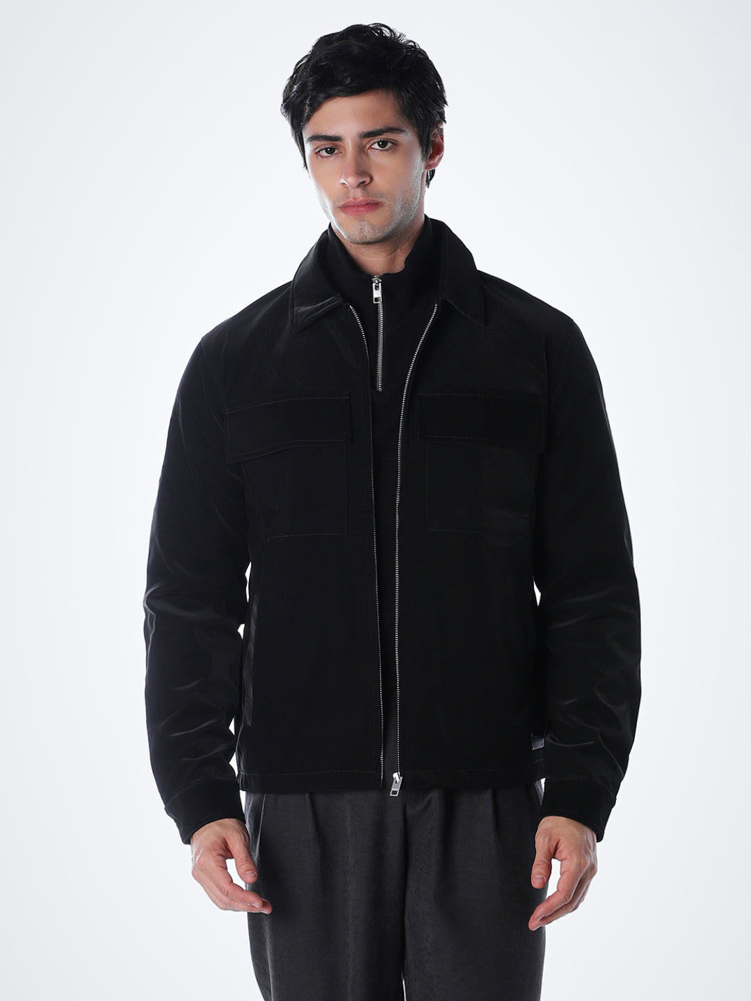 Zip-Front Casual Jacket - Black