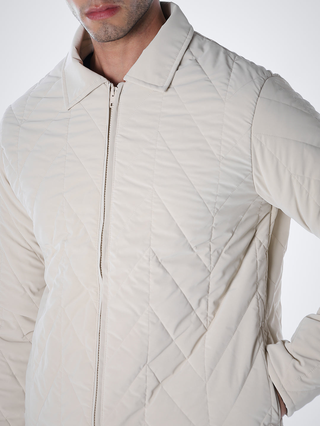 Men's Grey Quilted Jacket With Zip Closure