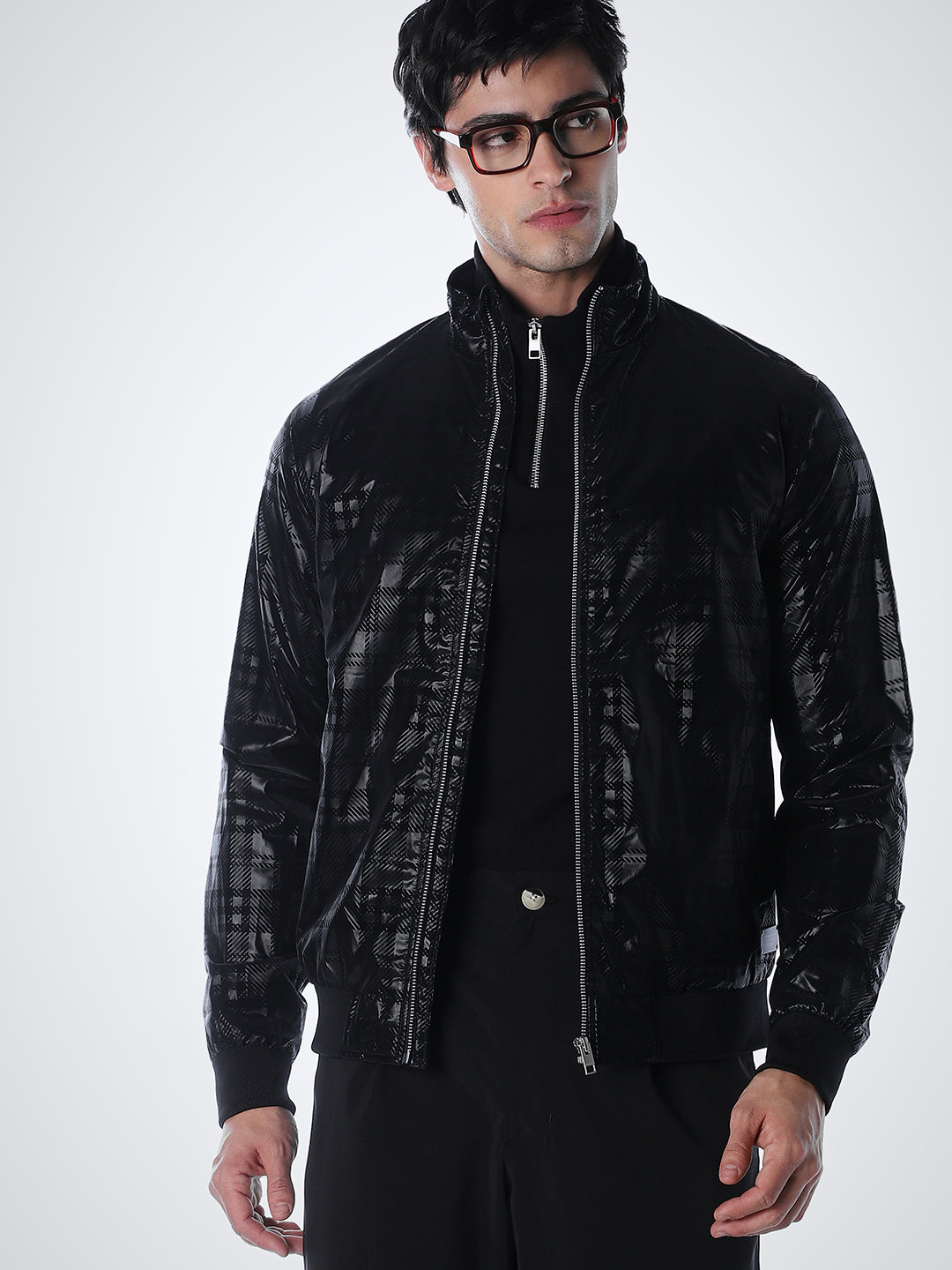 Black Gloss Finish Check Jacket