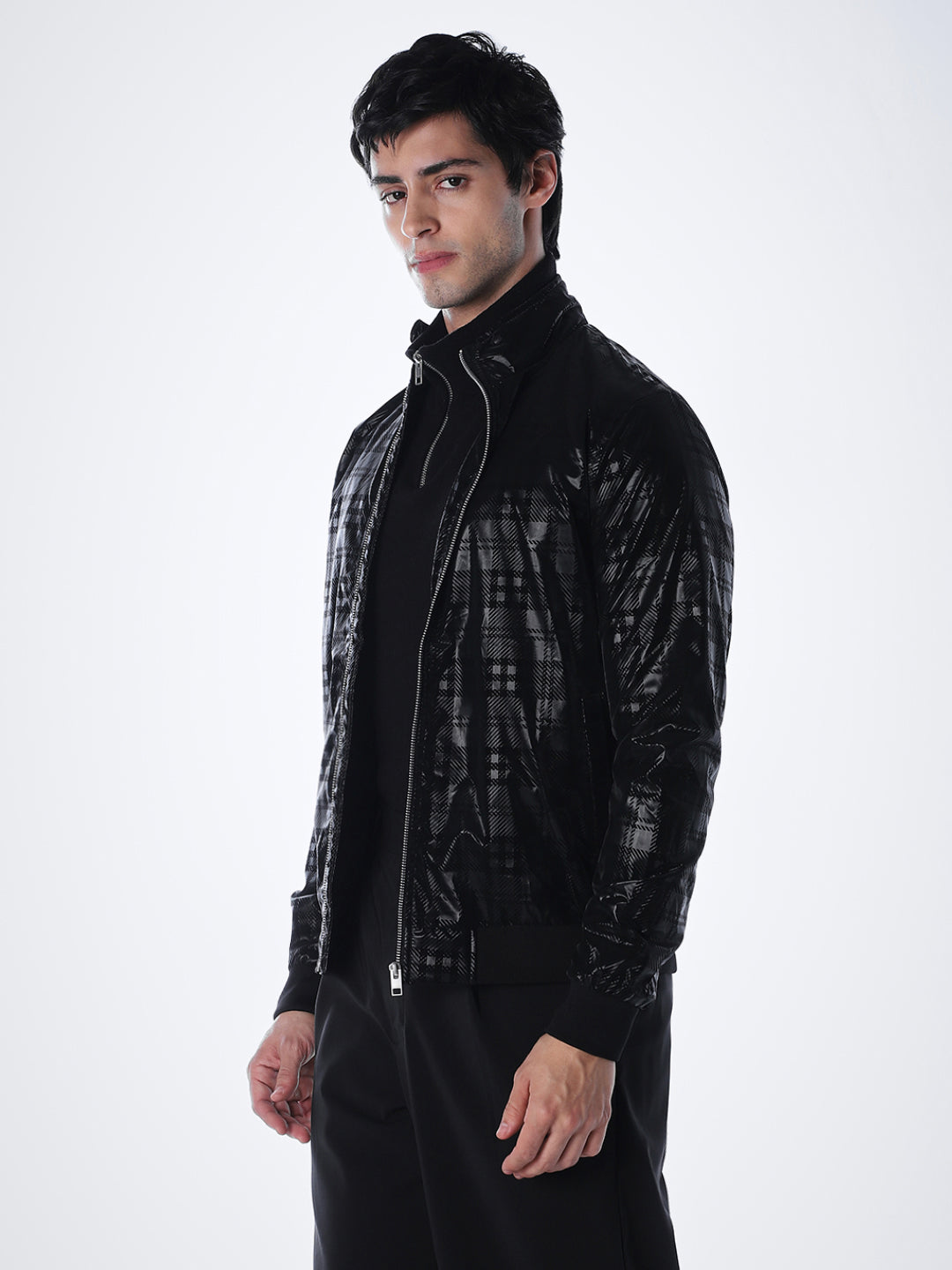 Black Gloss Finish Check Jacket