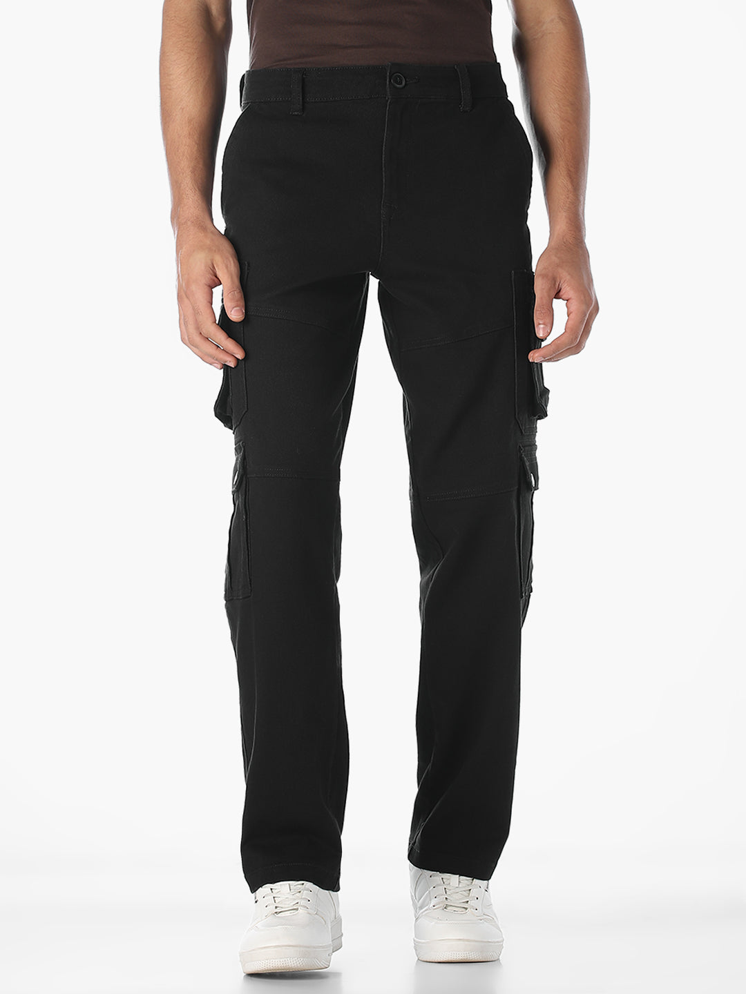 Black 6 Pocket Regular Fit Cargos