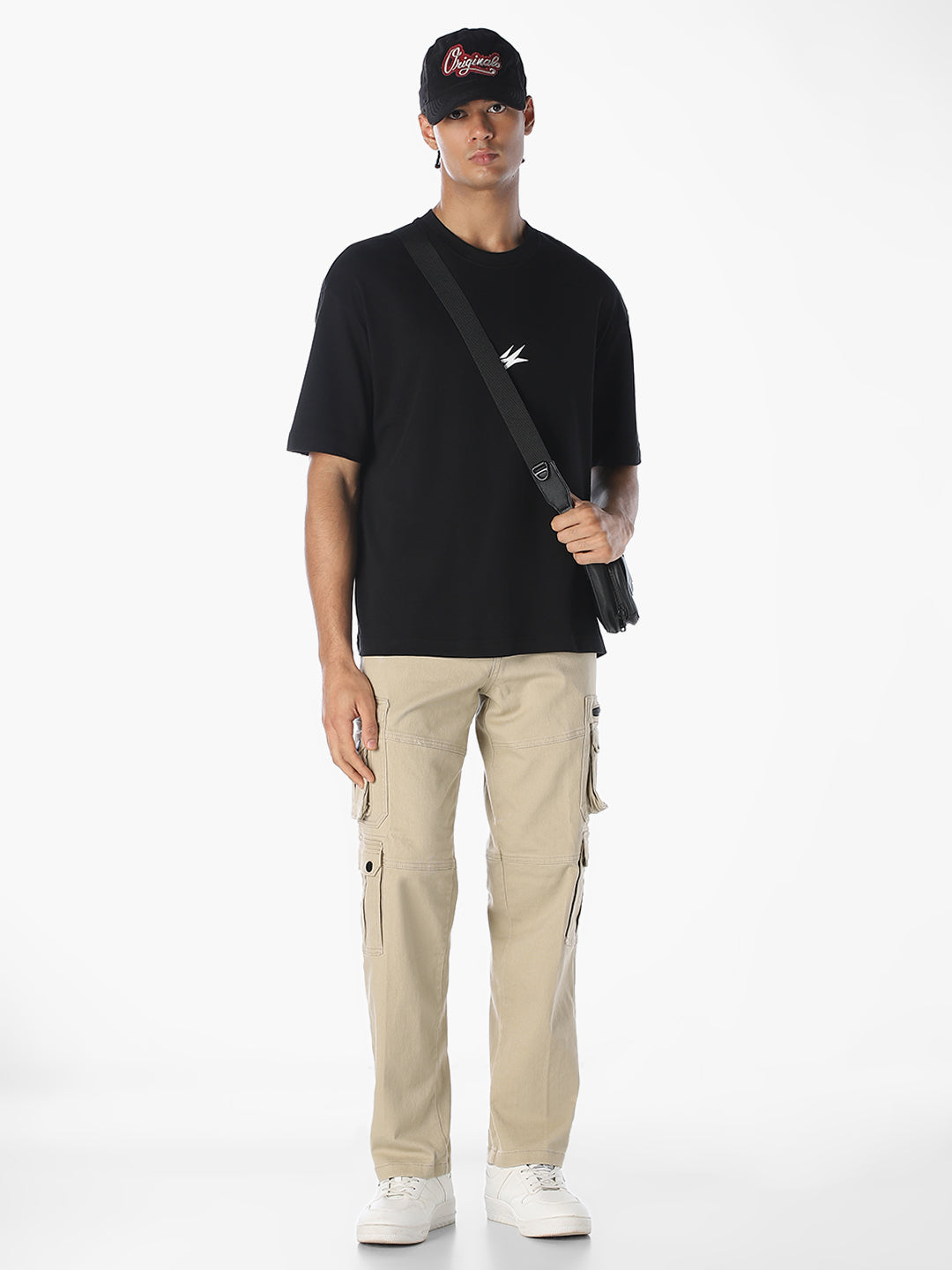 Beige 6 Pocket Regular Fit Cargos