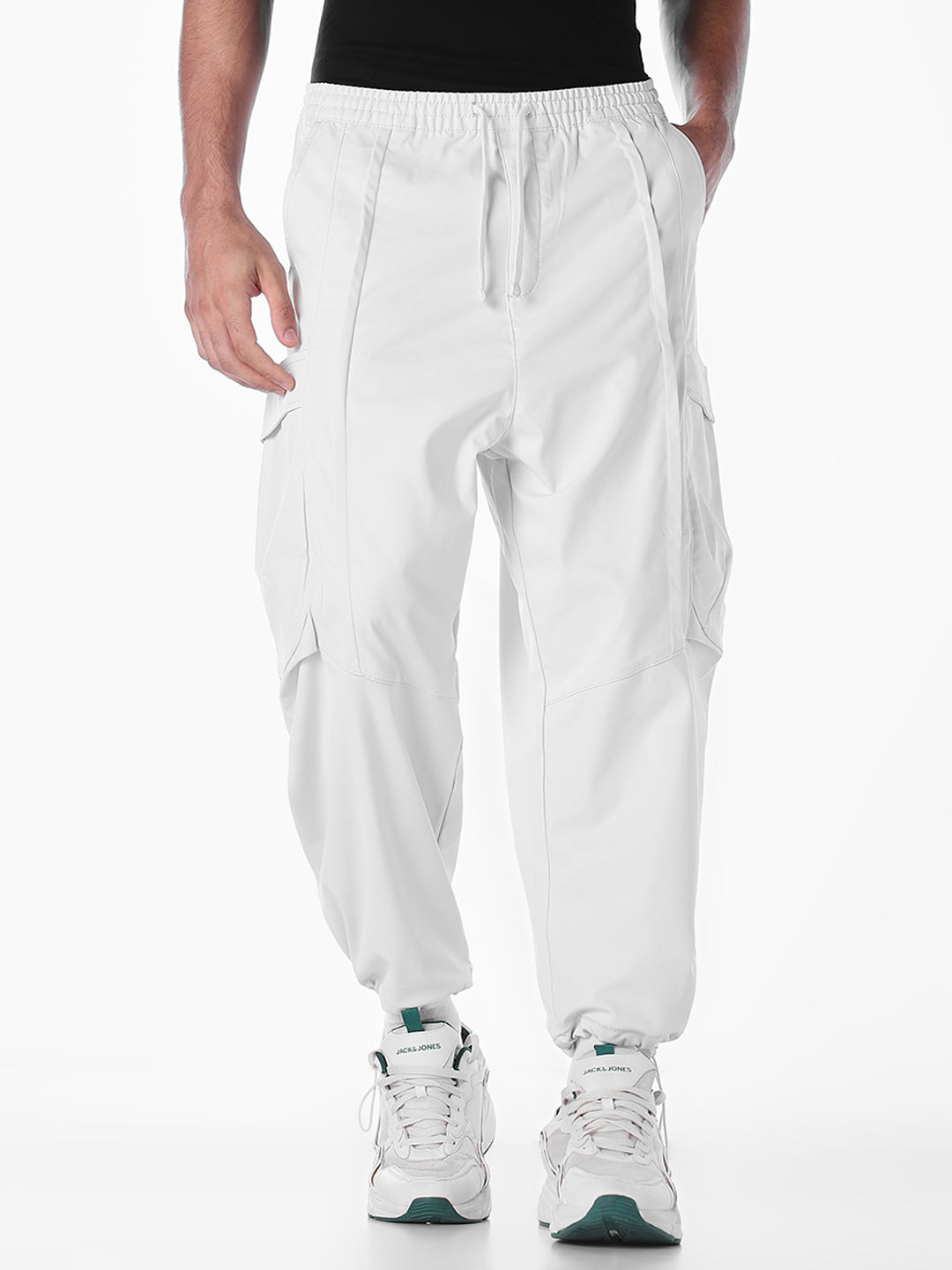 Men's Grey Cotton Stretch Barrel-Fit Cargo Pants With Drawstring
