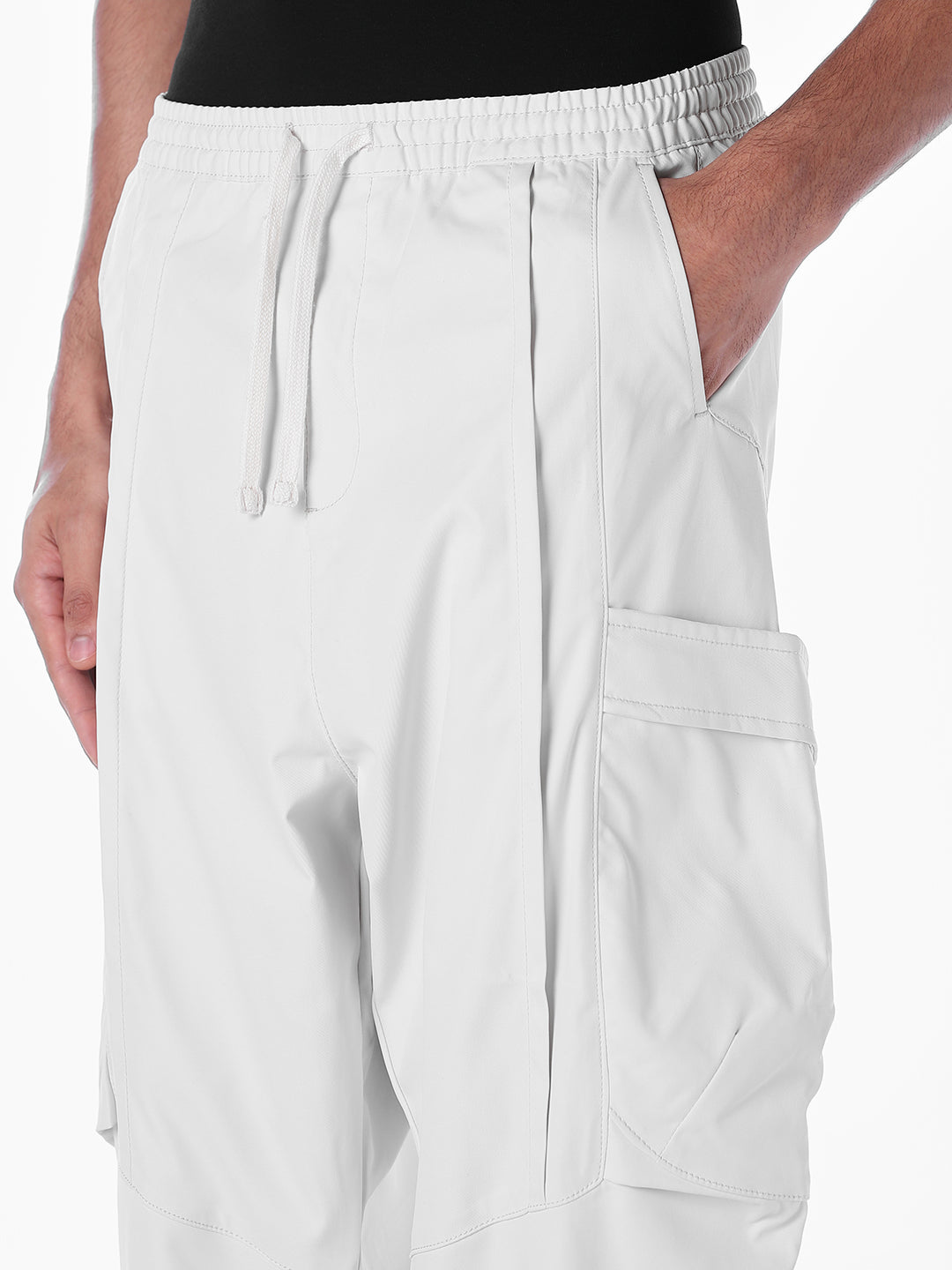 Men's Grey Cotton Stretch Barrel-Fit Cargo Pants With Drawstring