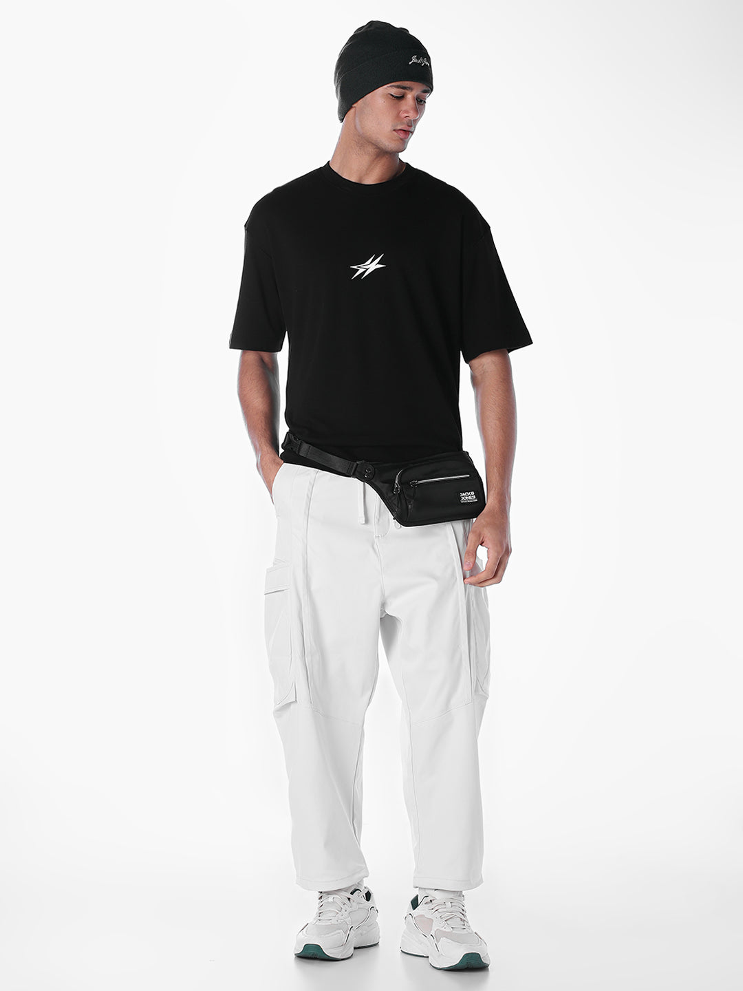 Men's Grey Cotton Stretch Barrel-Fit Cargo Pants With Drawstring
