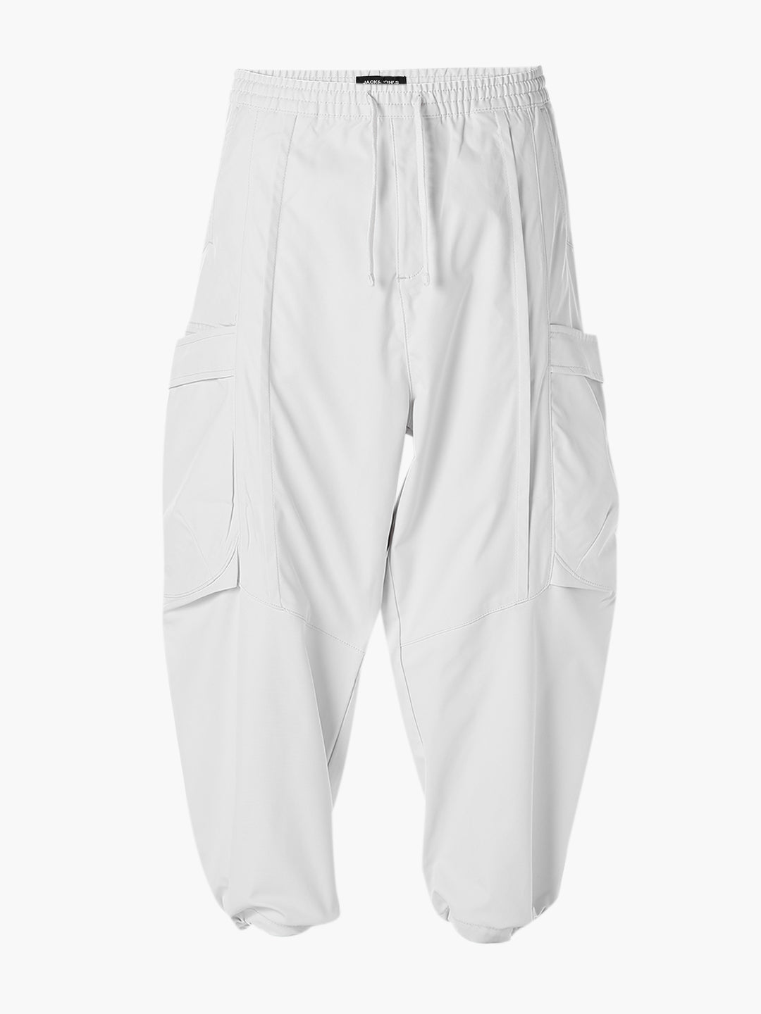 Men's Grey Cotton Stretch Barrel-Fit Cargo Pants With Drawstring