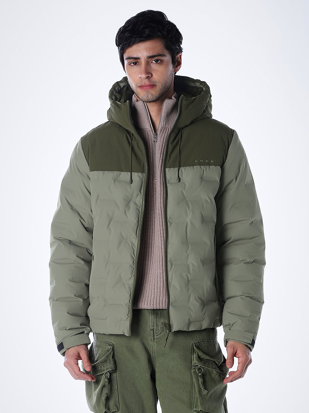 High Neck Quilted Puffer Jacket - Green