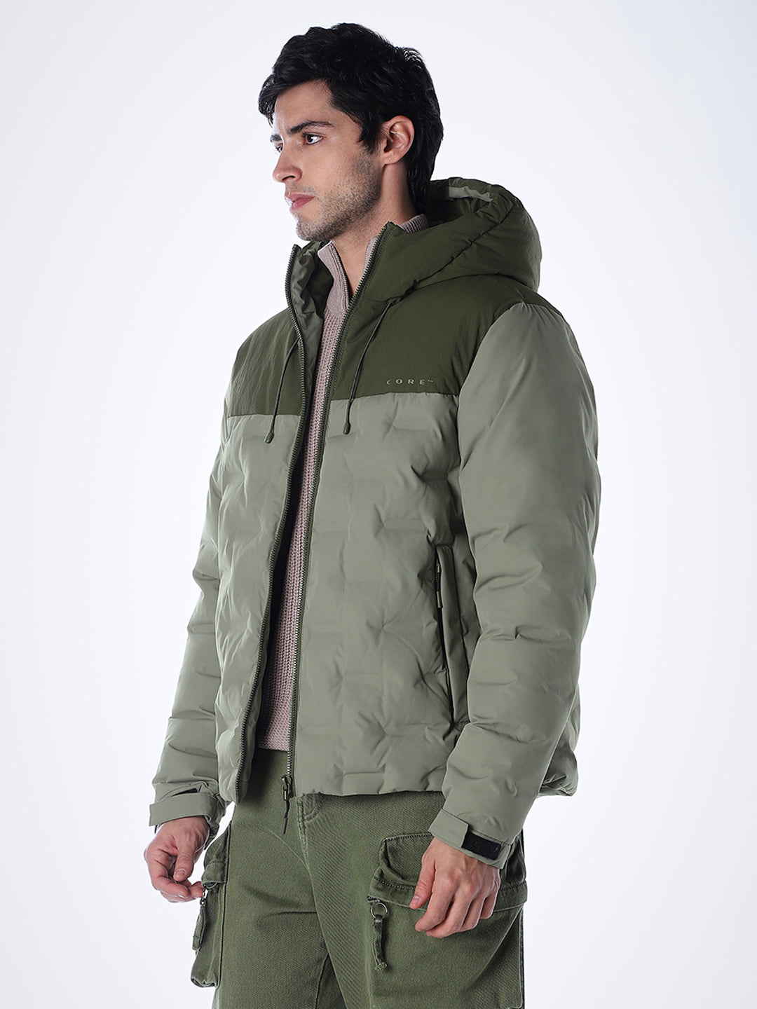 High Neck Quilted Puffer Jacket - Green