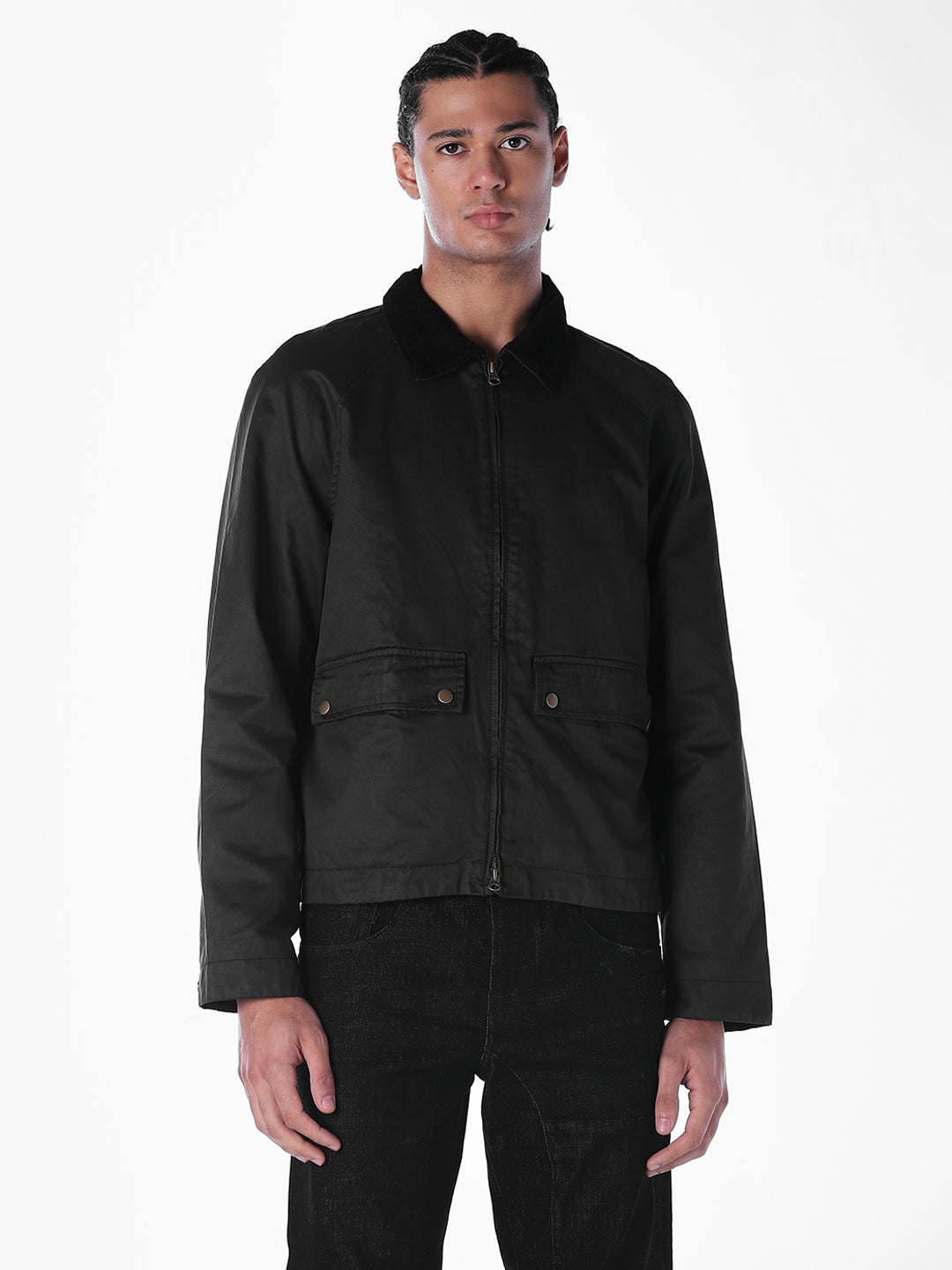 Men's Black Waxed Zip-Front Jacket With Flap Pockets