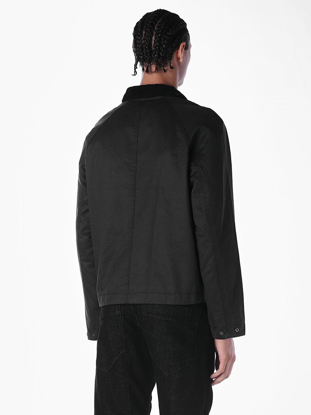 Men's Black Waxed Zip-Front Jacket With Flap Pockets
