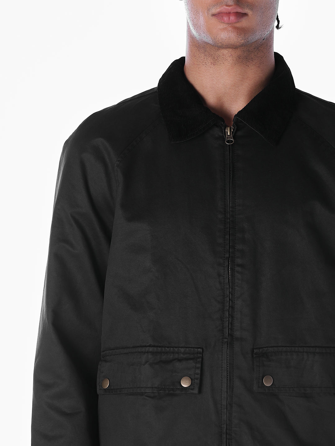 Men's Black Waxed Zip-Front Jacket With Flap Pockets