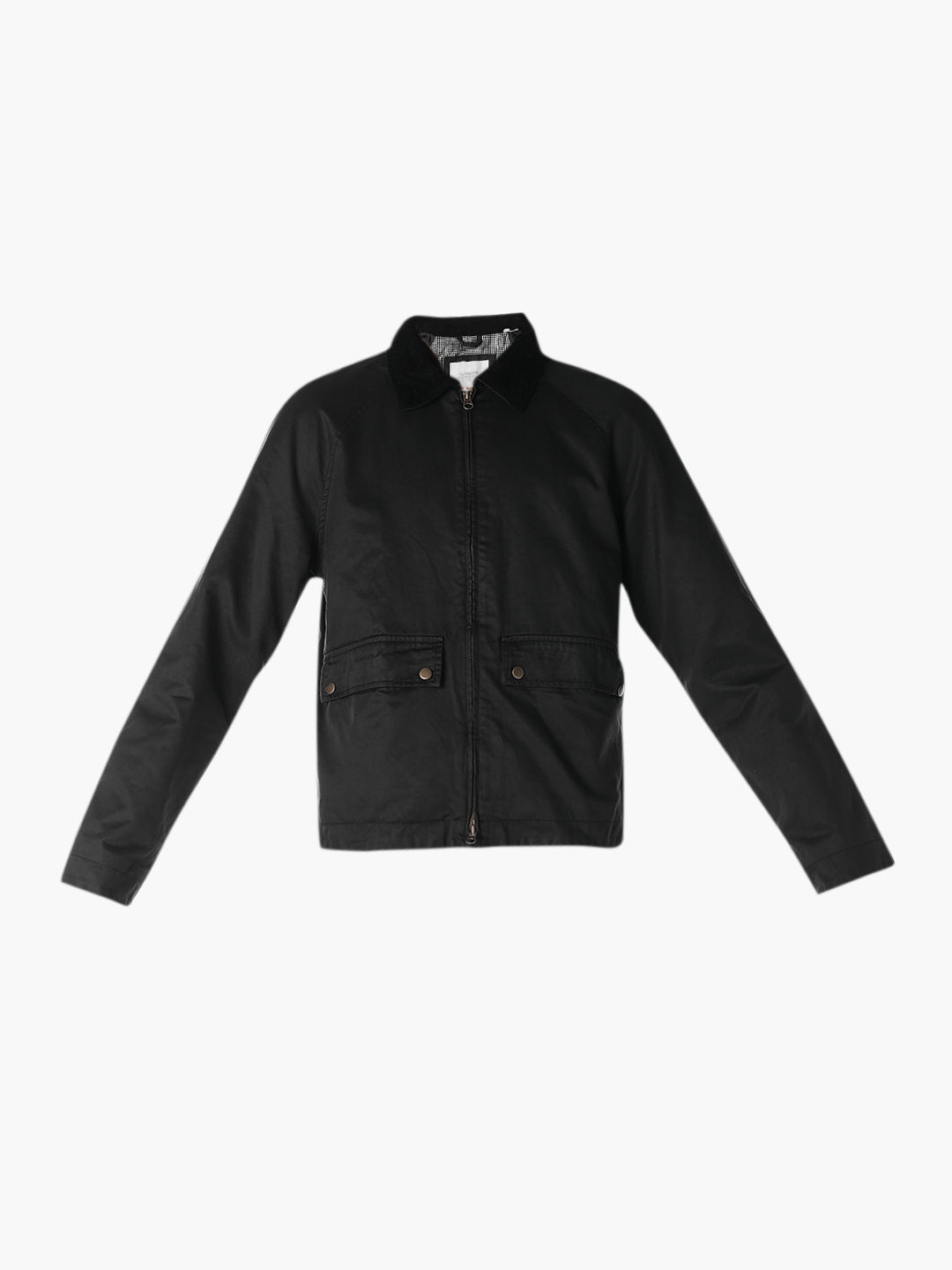 Men's Black Waxed Zip-Front Jacket With Flap Pockets