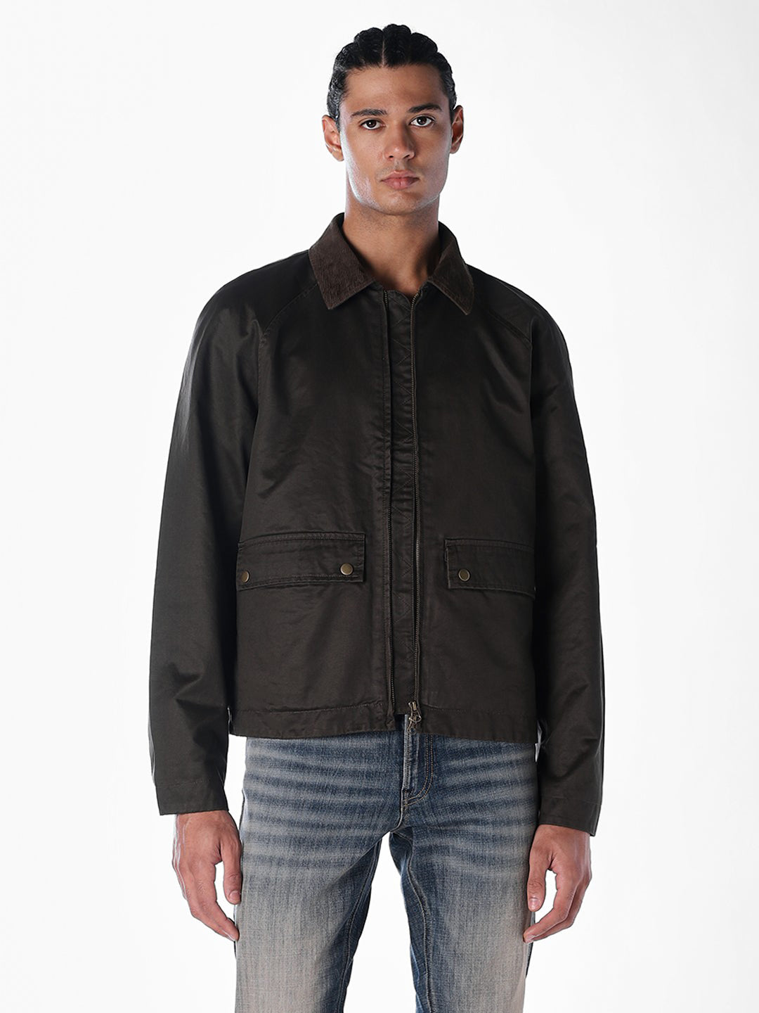 Brown Corduroy-Collar Waxed Jacket