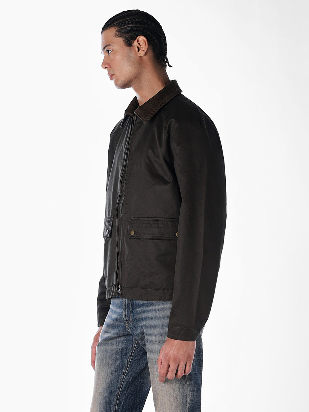 Brown Corduroy-Collar Waxed Jacket