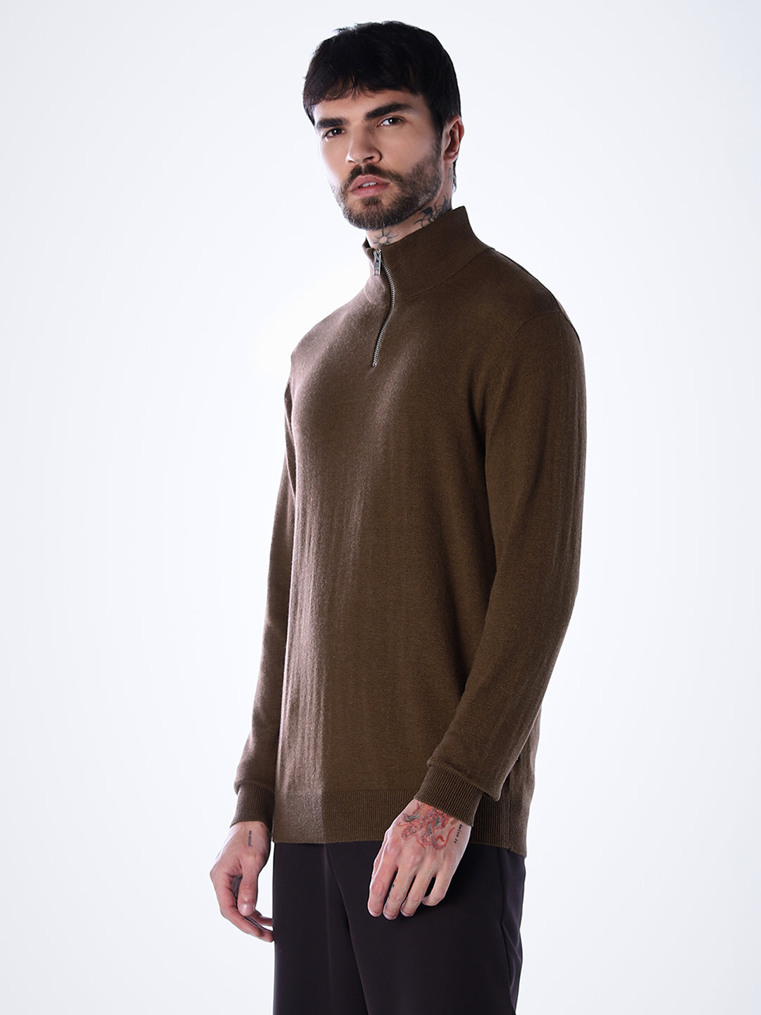 Zip High Neck T-shirt - Dark Brown