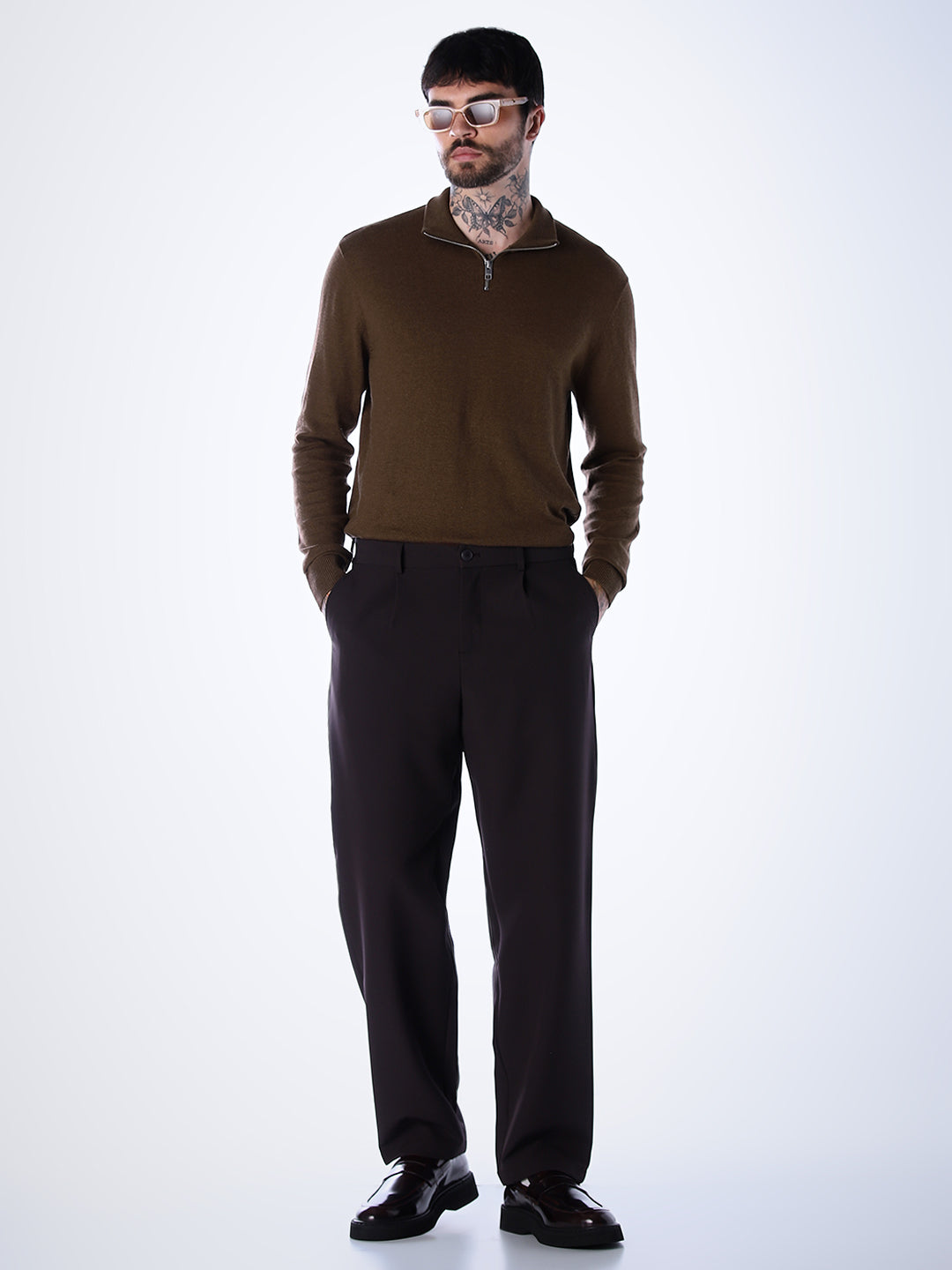 Zip High Neck T-shirt - Dark Brown