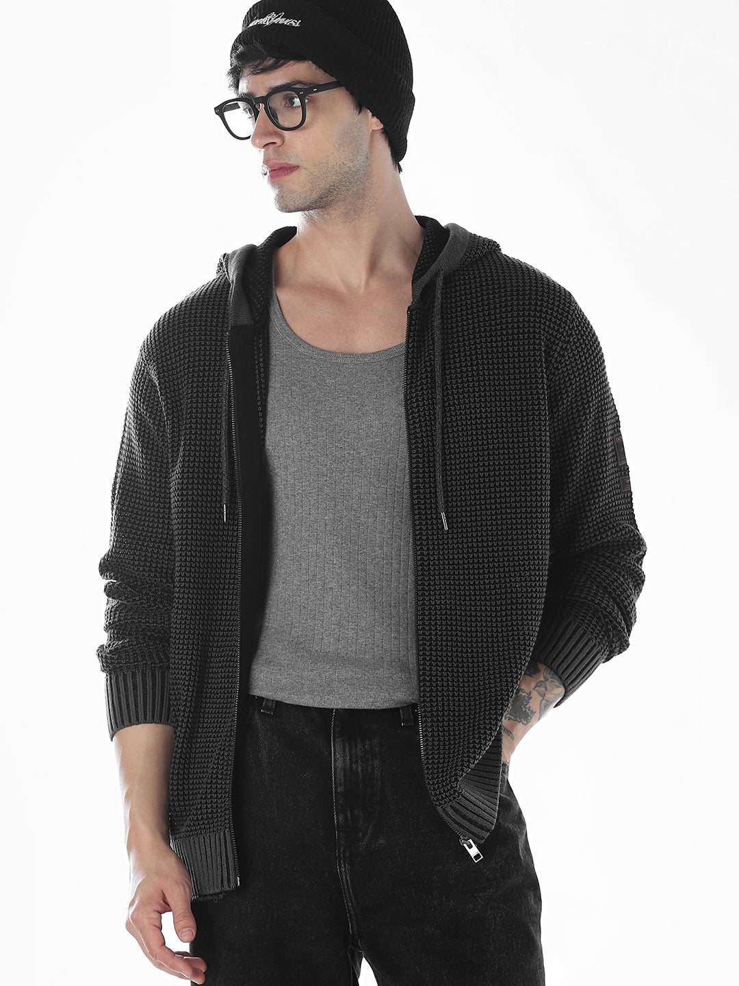 Hooded Front Open Oversized Pullover - Black