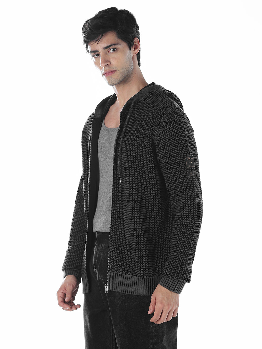 Hooded Front Open Oversized Pullover - Black