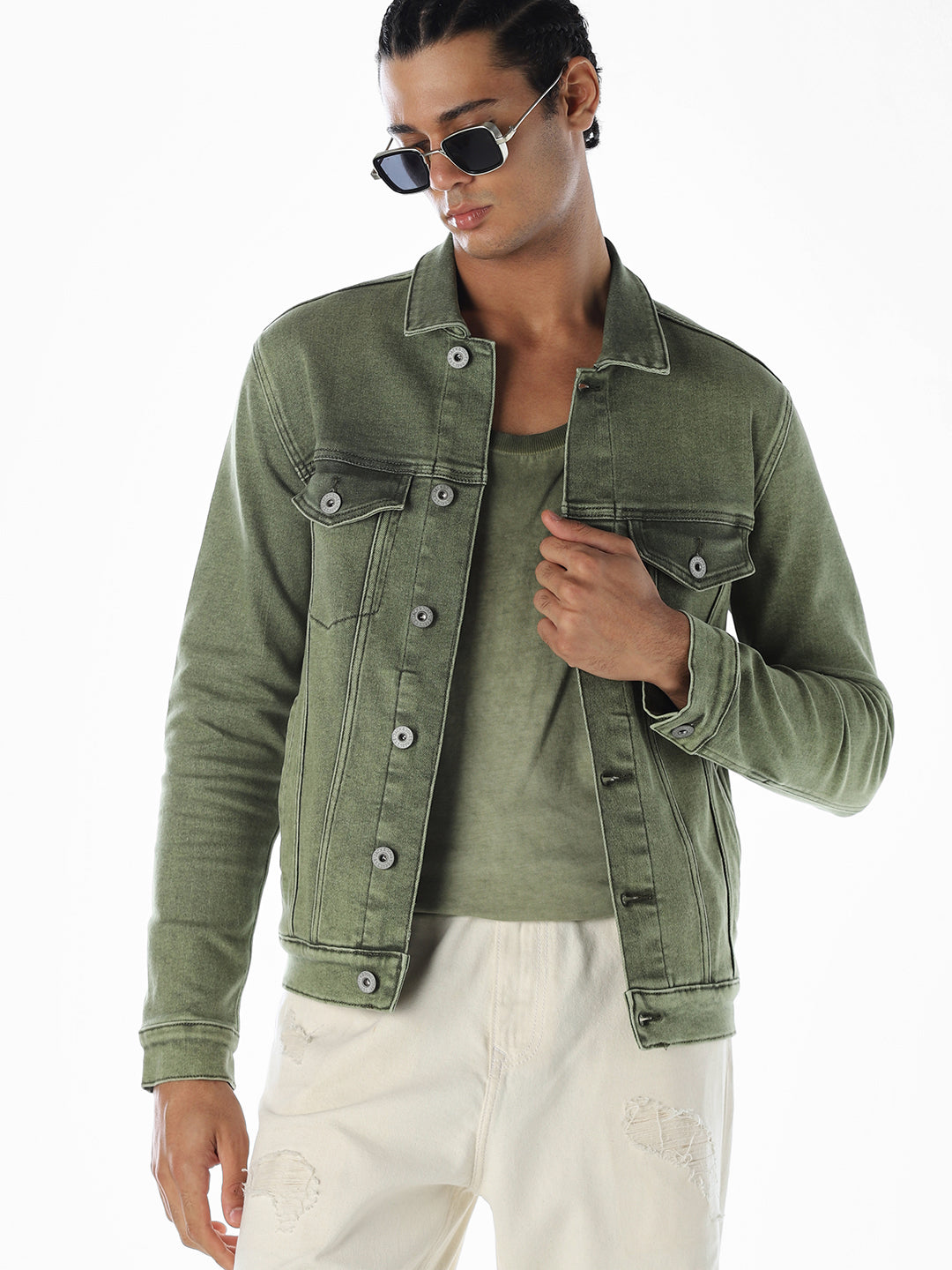 Olive Green Regular Fit Denim Jacket