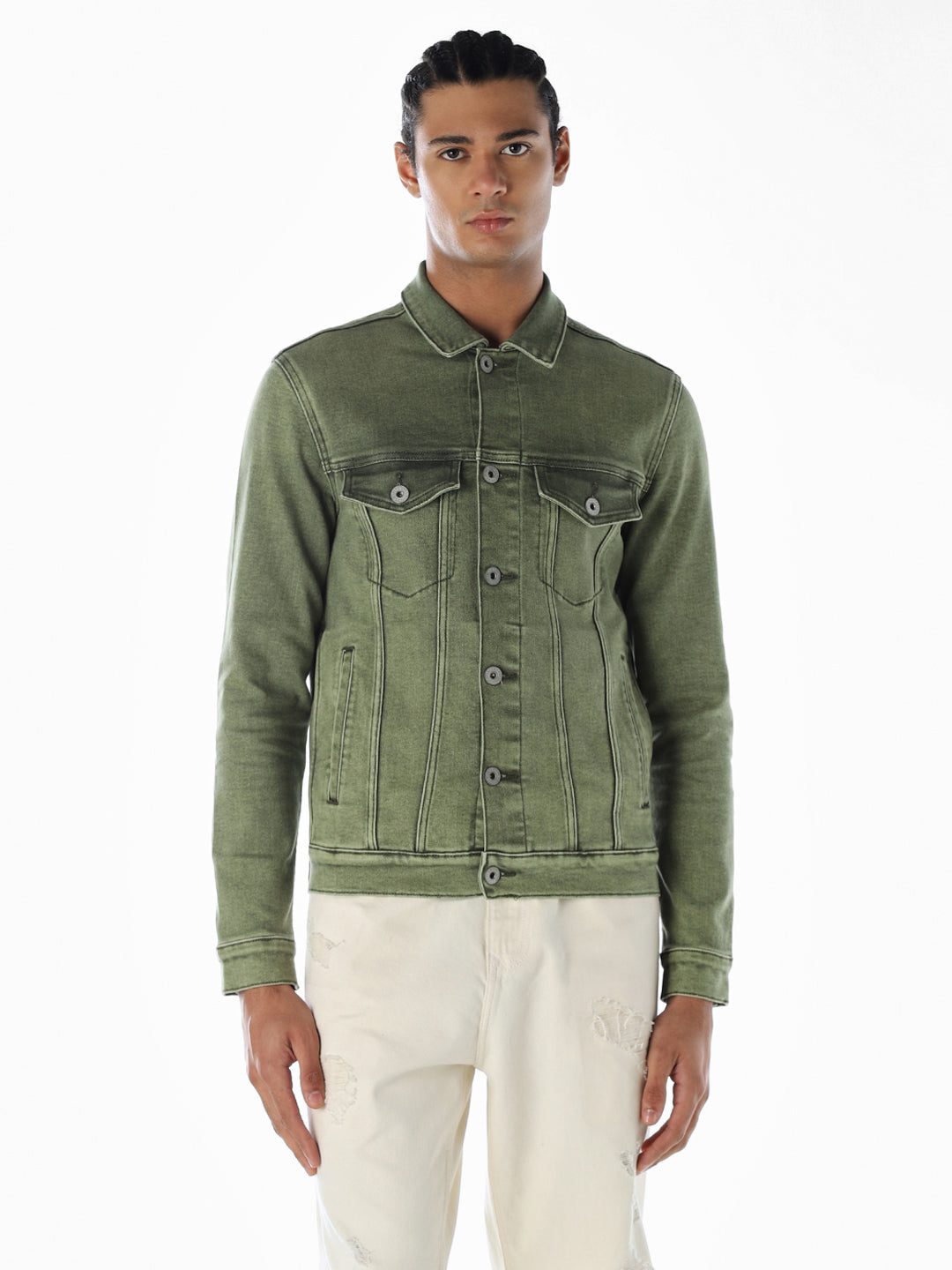 Olive Green Regular Fit Denim Jacket