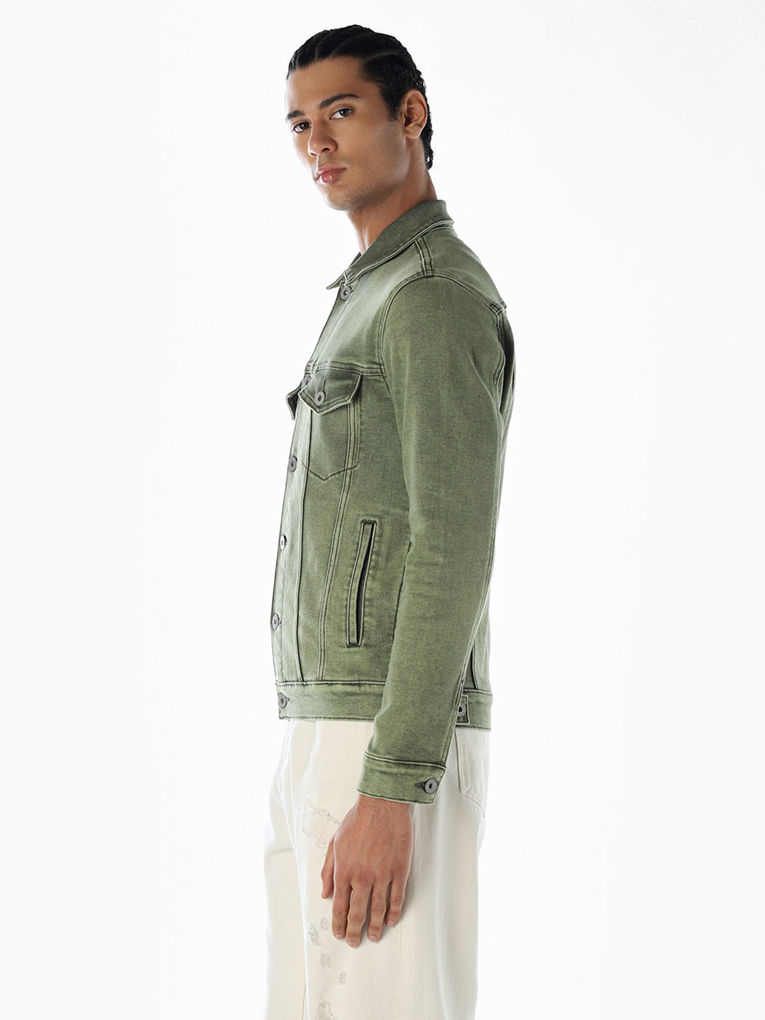 Olive Green Regular Fit Denim Jacket