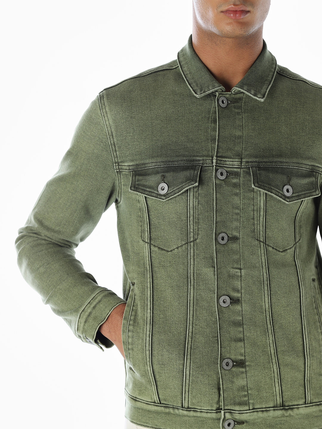Olive Green Regular Fit Denim Jacket