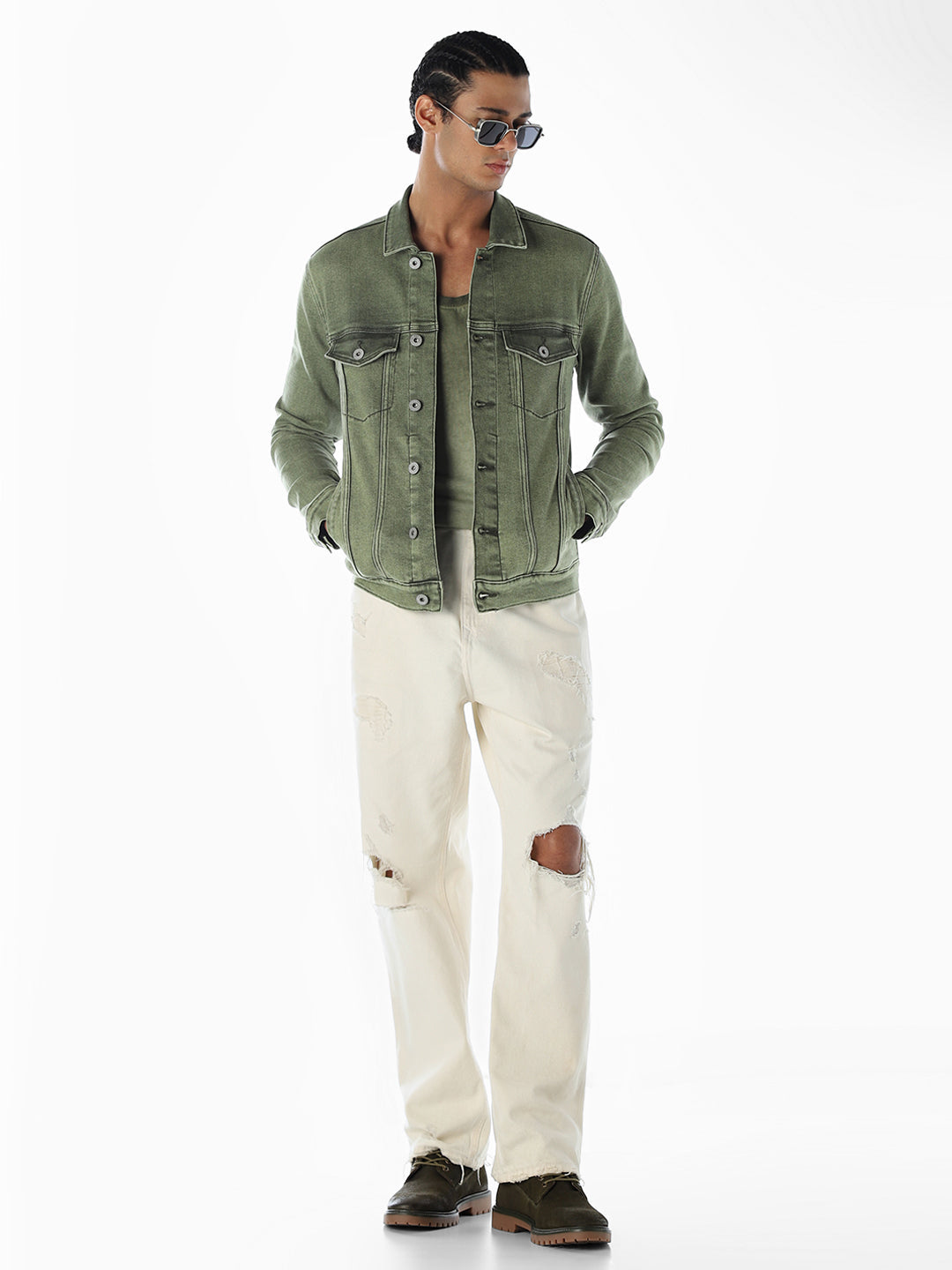 Olive Green Regular Fit Denim Jacket