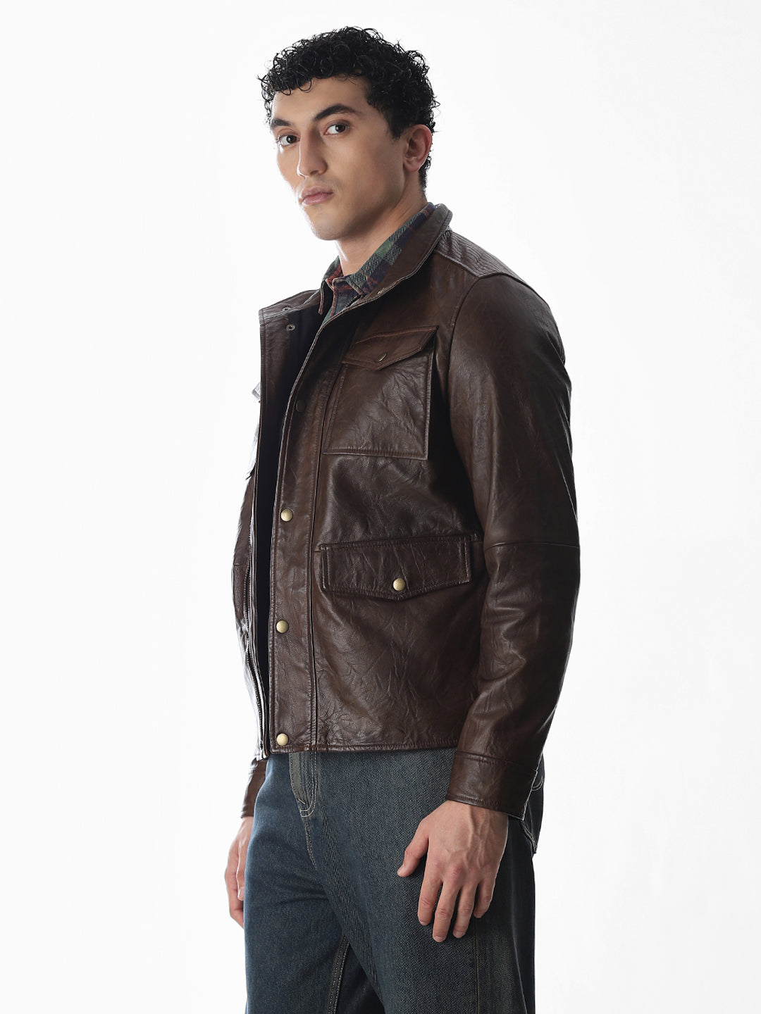 Brown High Neck Leather Jacket