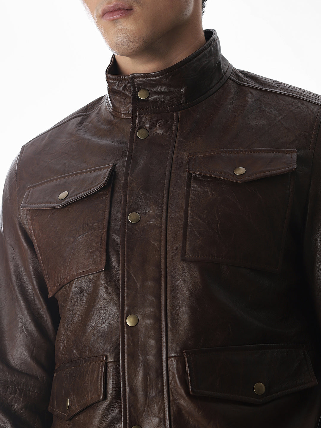 Brown High Neck Leather Jacket