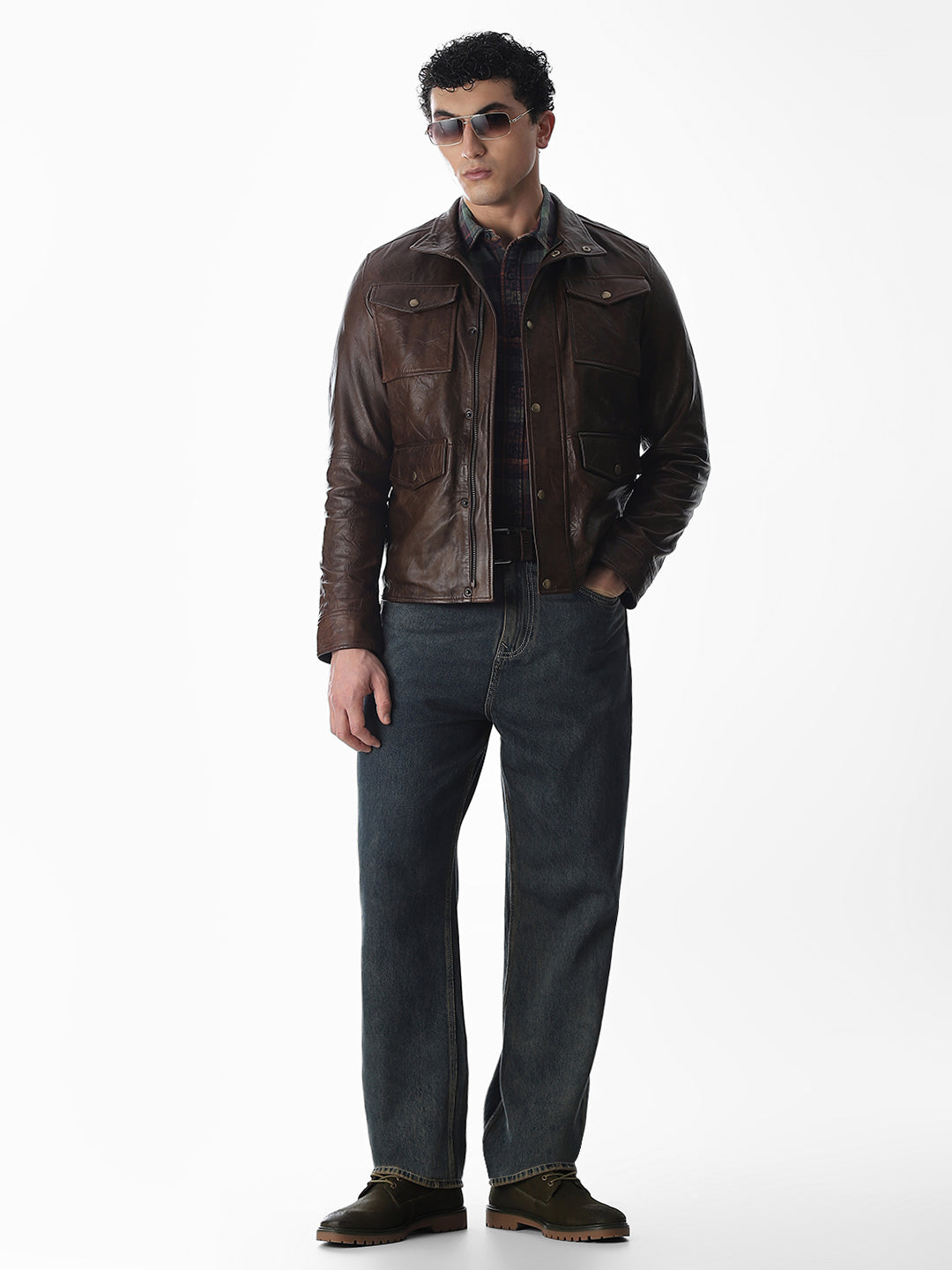 Brown High Neck Leather Jacket