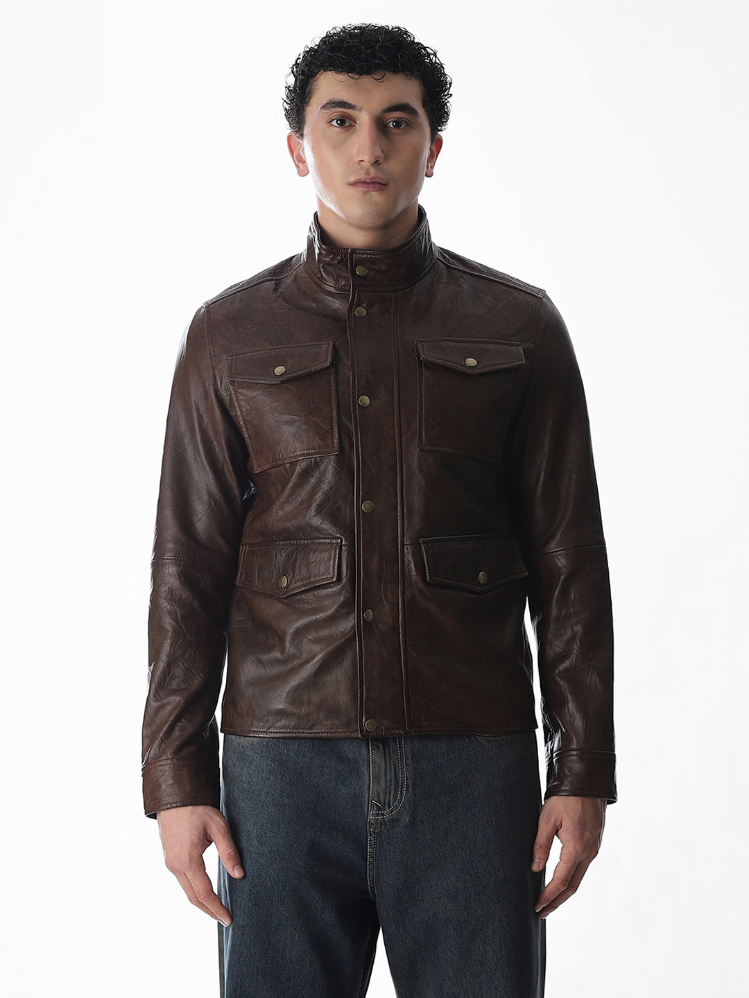 Brown High Neck Leather Jacket