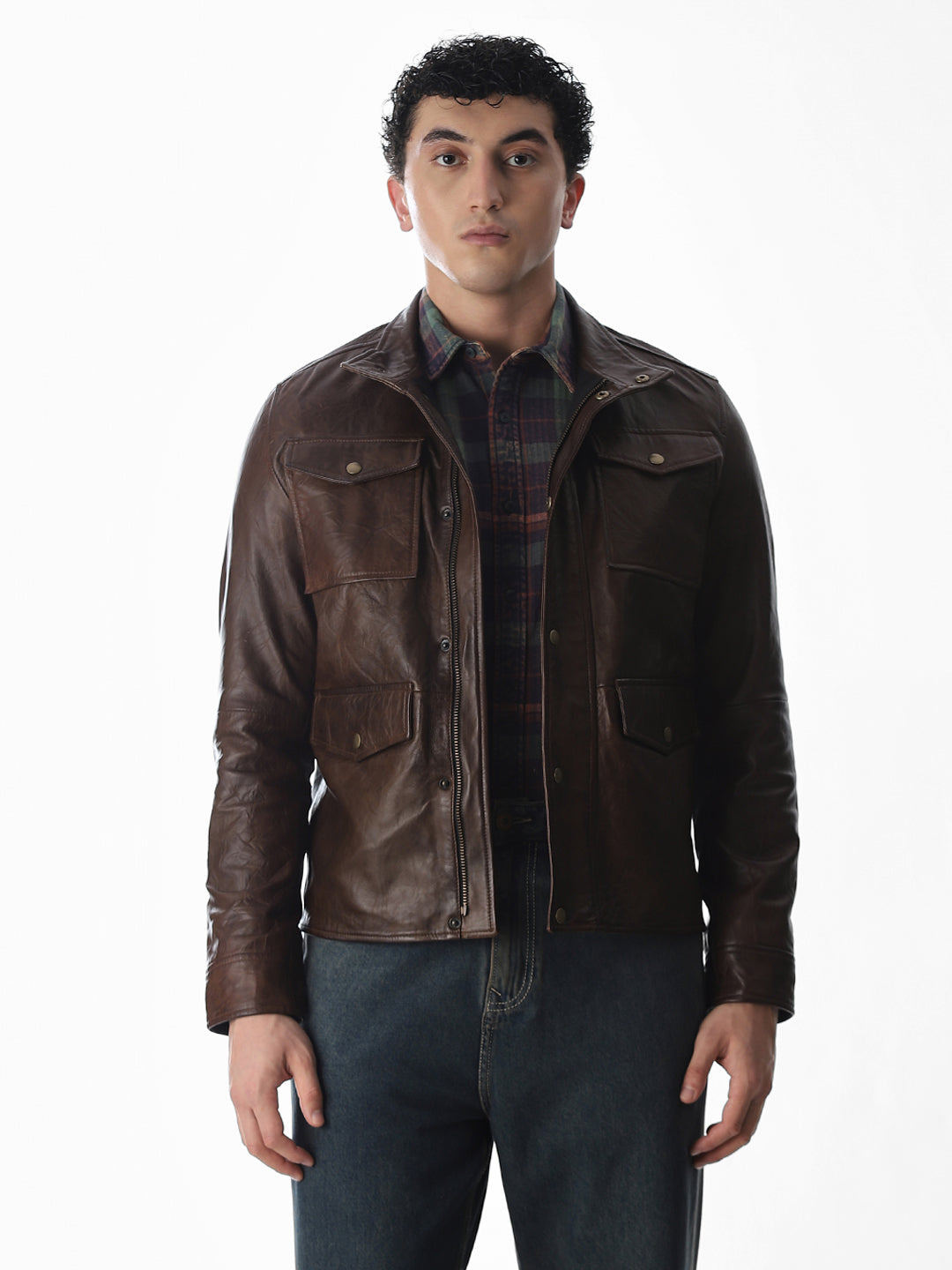 Brown High Neck Leather Jacket