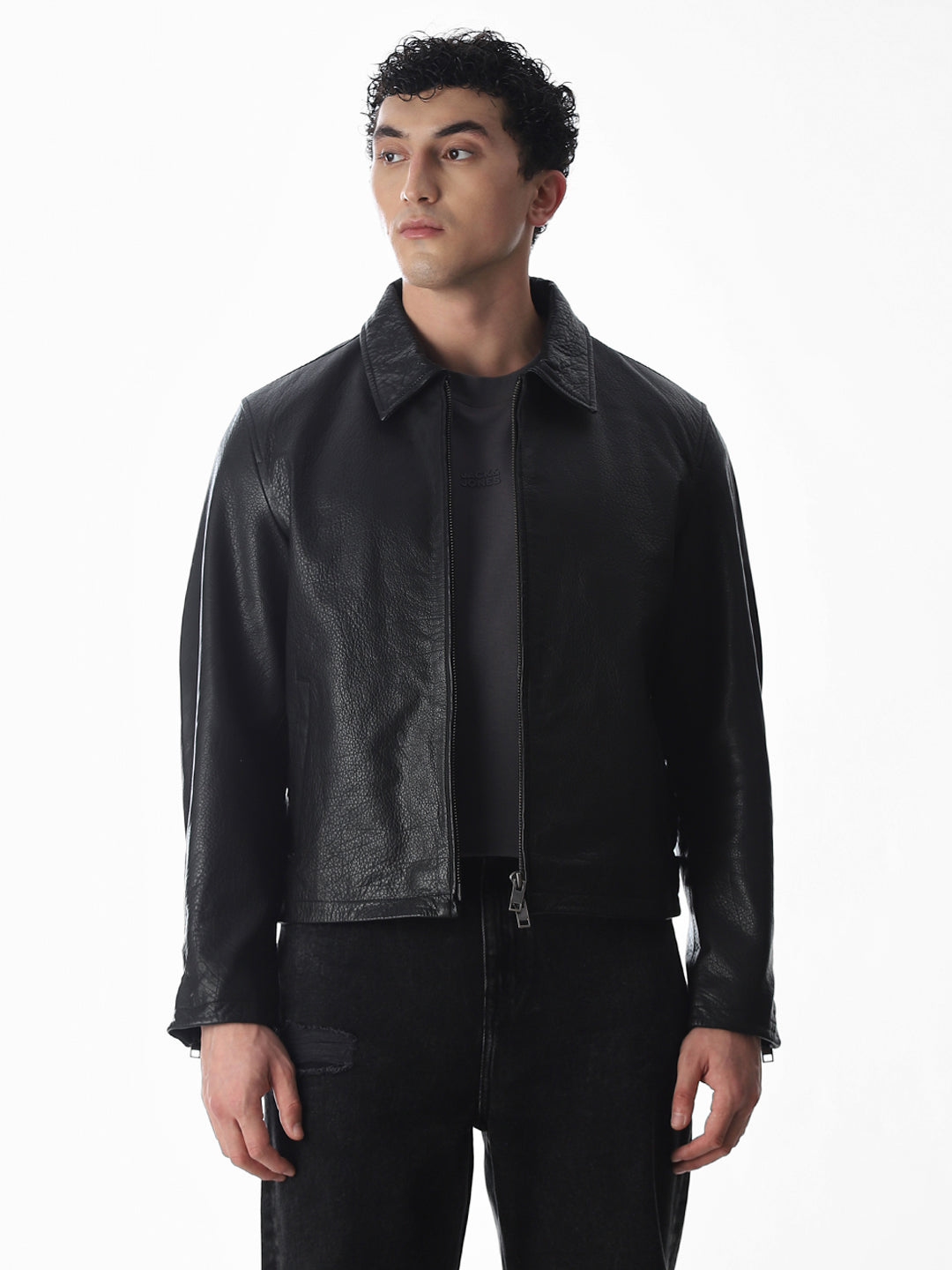 Black Textured Leather Jacket