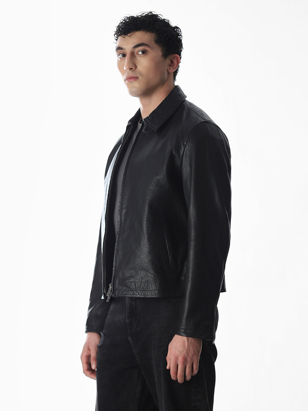 Black Textured Leather Jacket