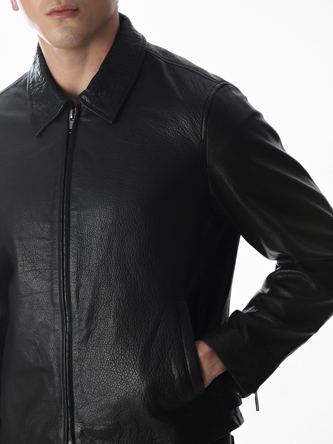 Black Textured Leather Jacket