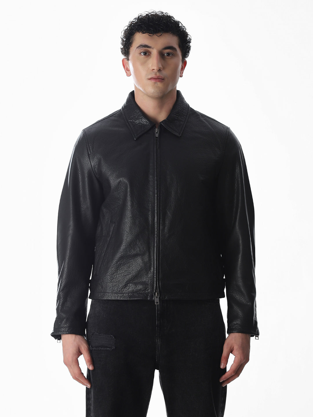 Black Textured Leather Jacket