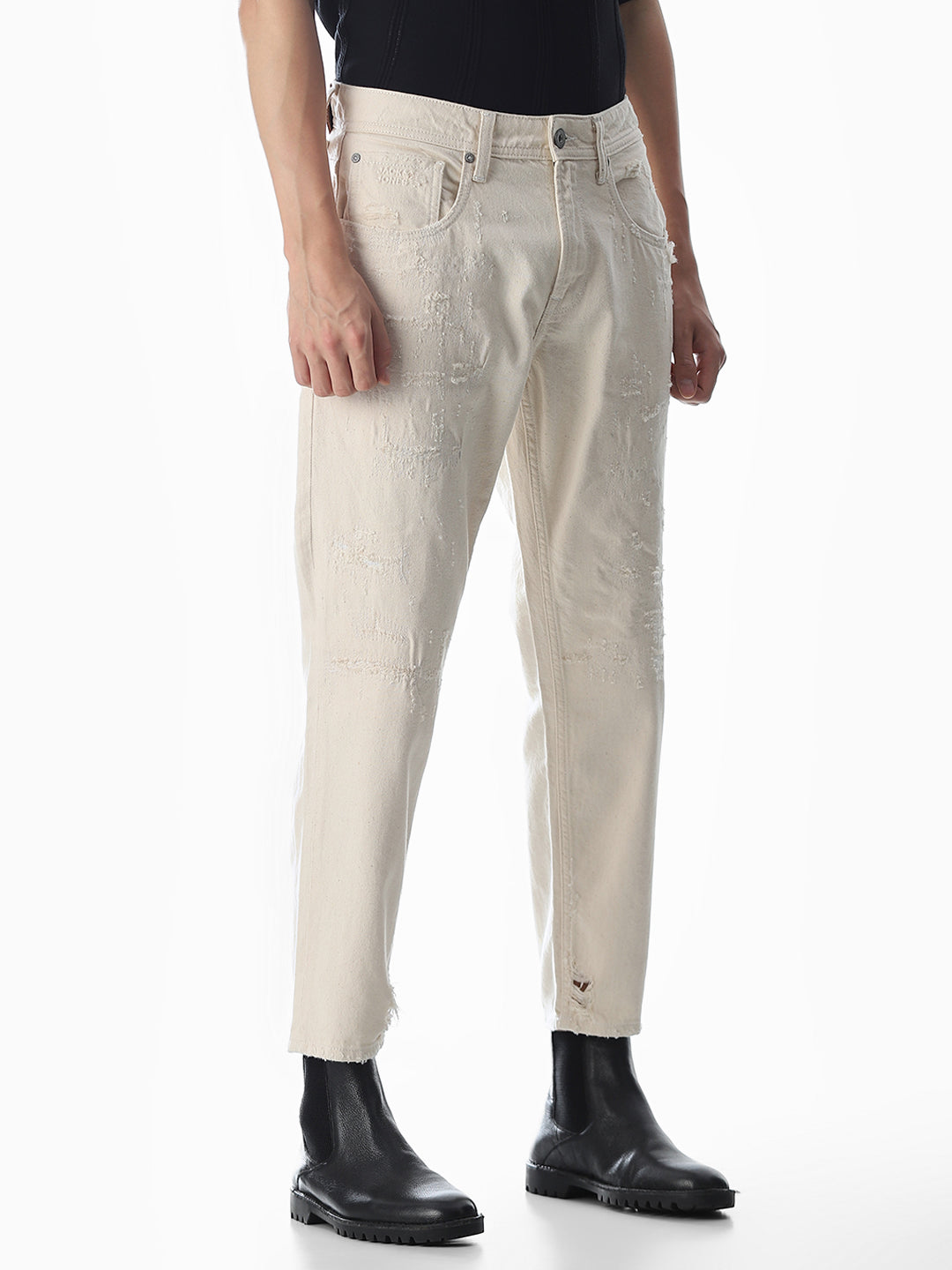Ecru Distressed Frank Anti Fit Jeans