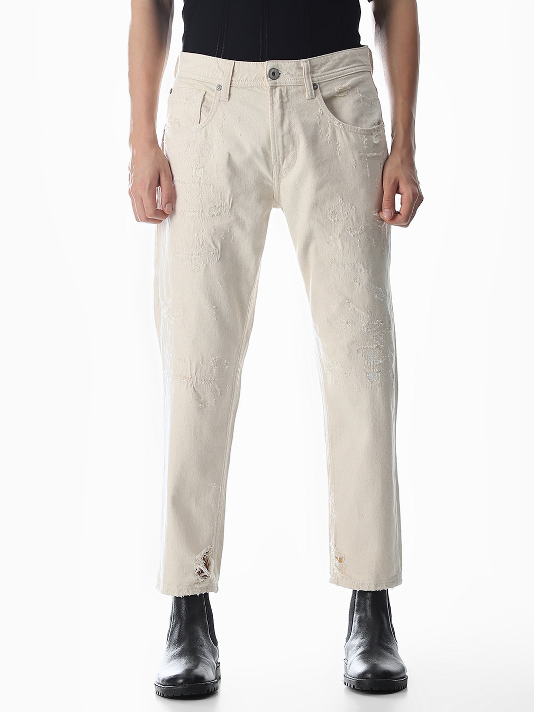 Ecru Distressed Frank Anti Fit Jeans