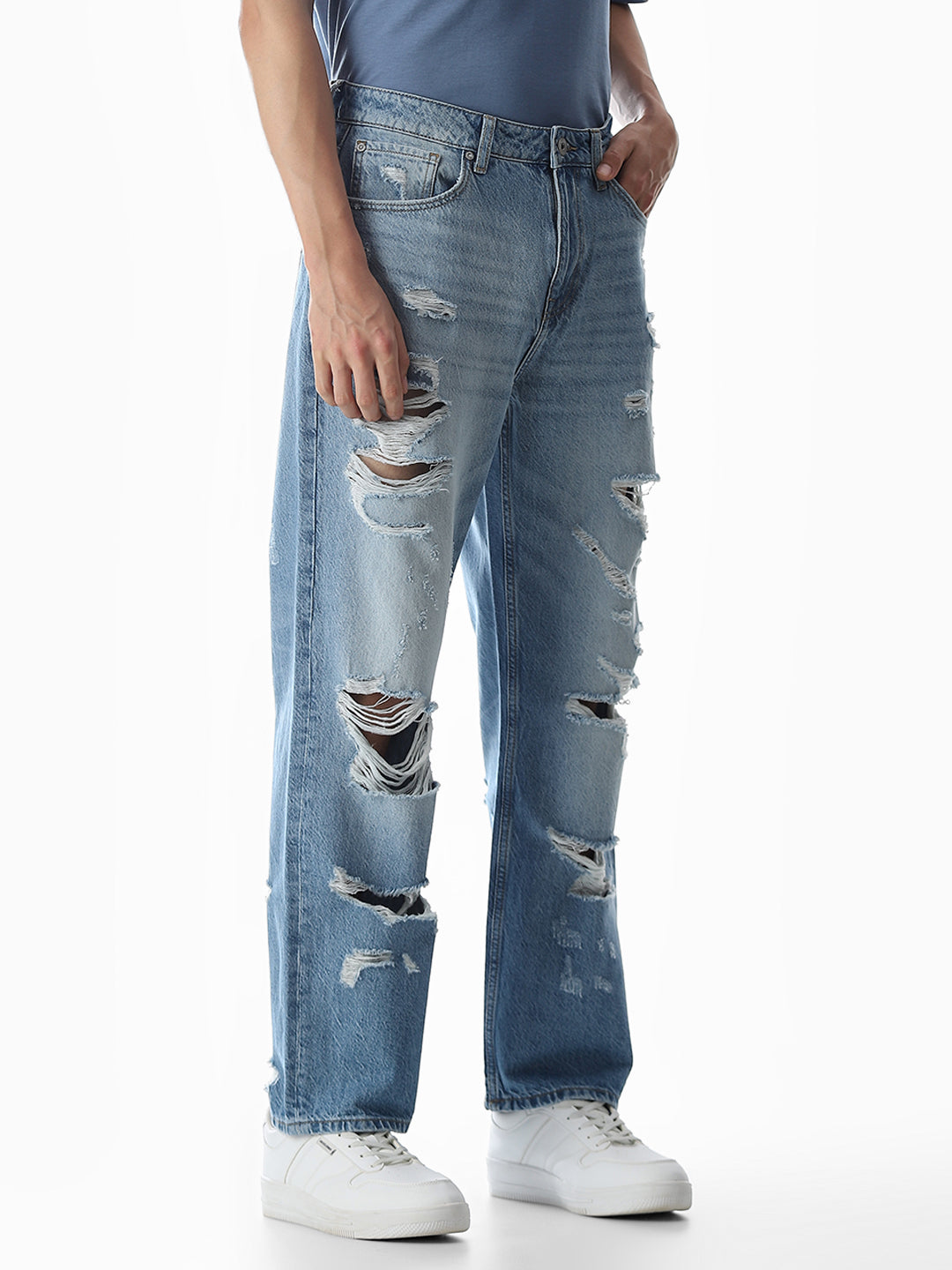Light Blue Heavily Distressed Eddie Loose Fit Jeans