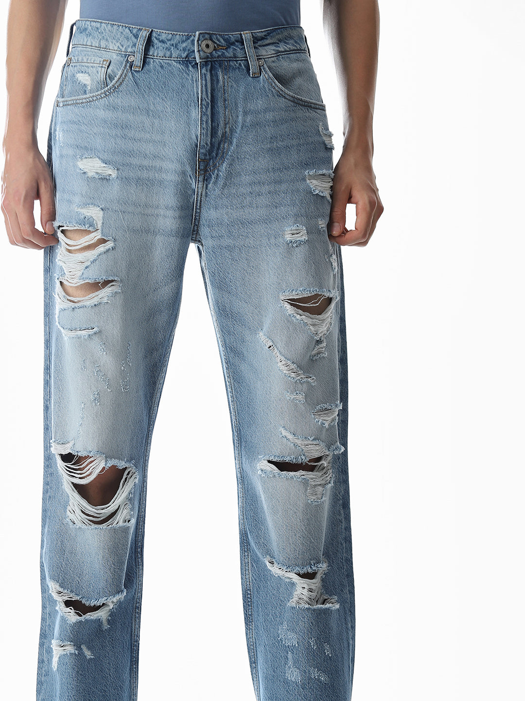 Light Blue Heavily Distressed Eddie Loose Fit Jeans