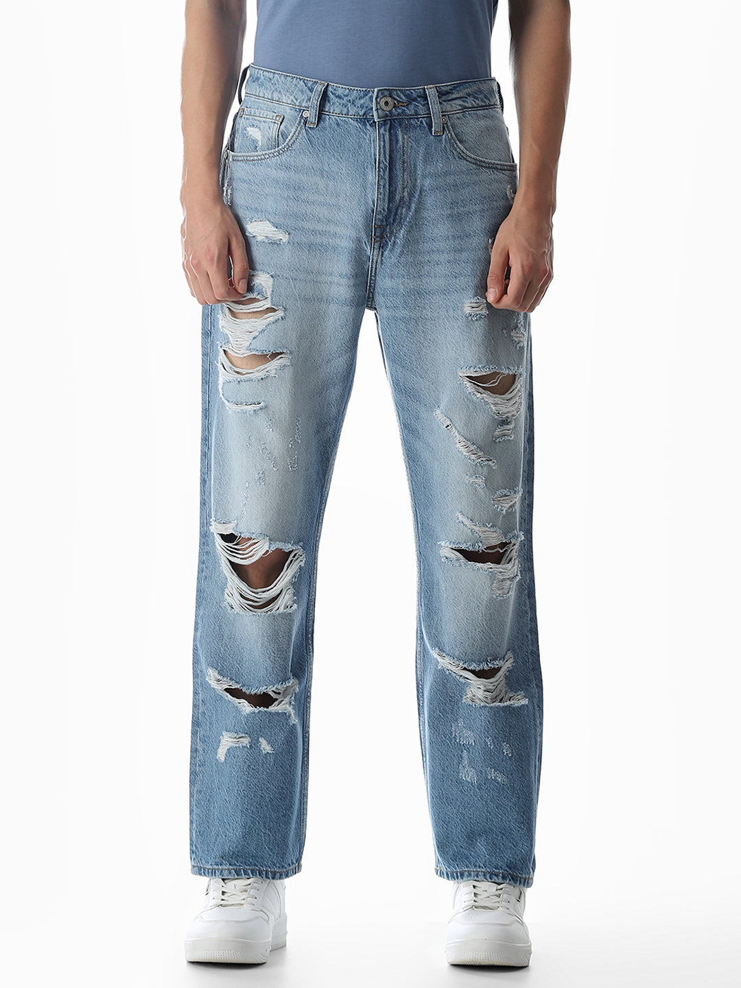 Light Blue Heavily Distressed Eddie Loose Fit Jeans