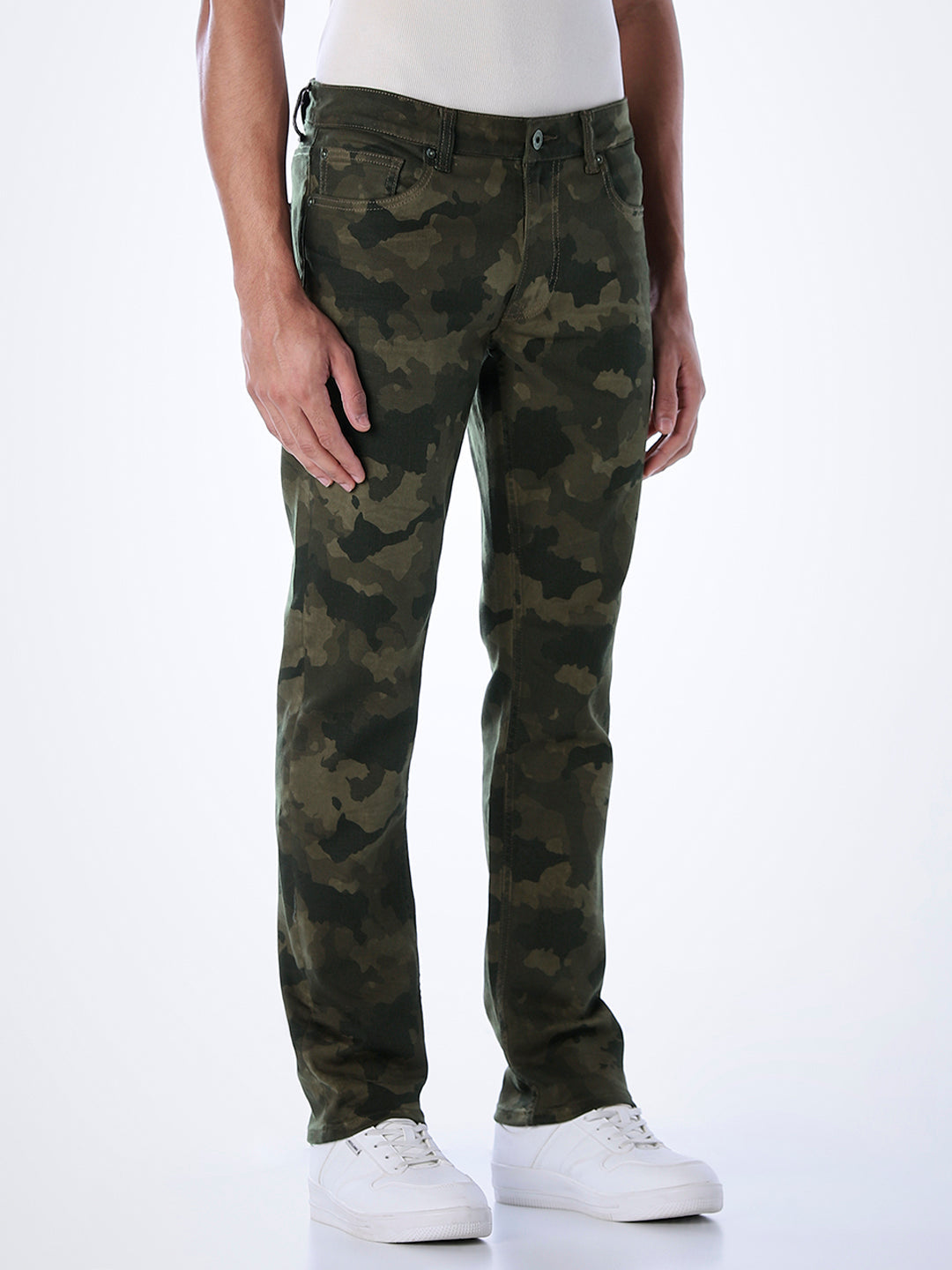 Olive Green Camo Print Slim Fit Jeans