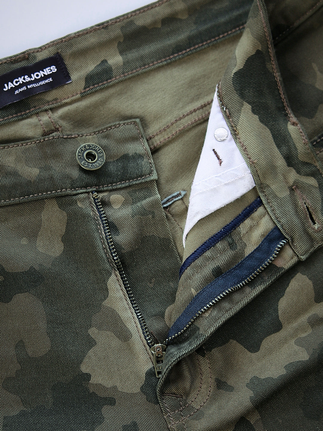 Olive Green Camo Print Slim Fit Jeans