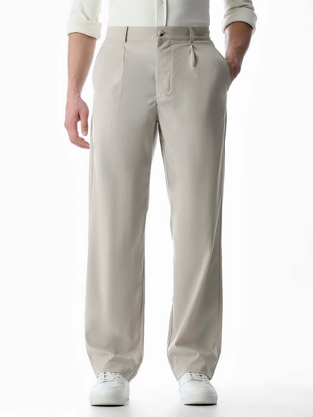 High Rise Loose Fit Pants - Beige