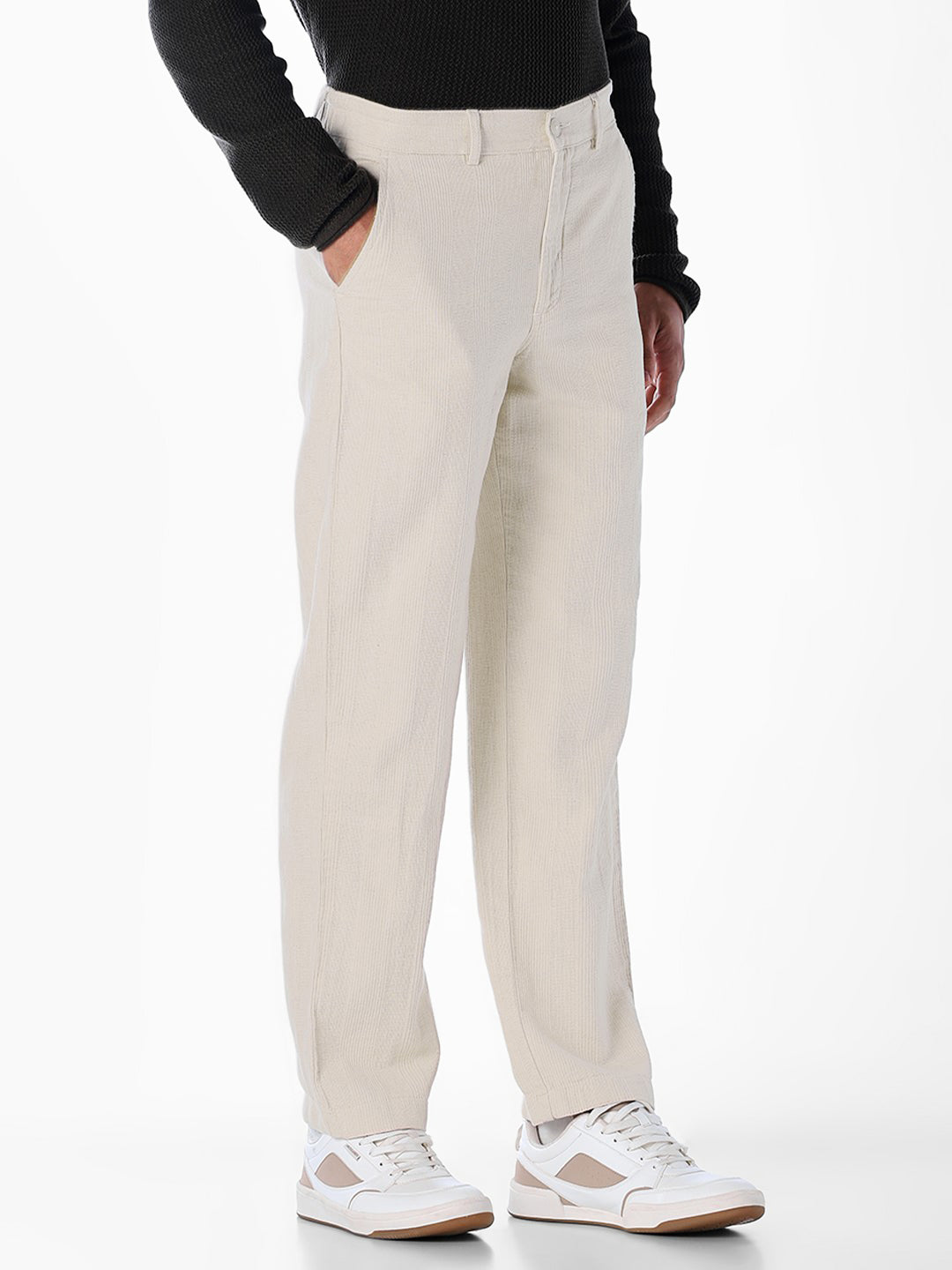Men's Beige Cotton-Linen Regular Fit Chinos