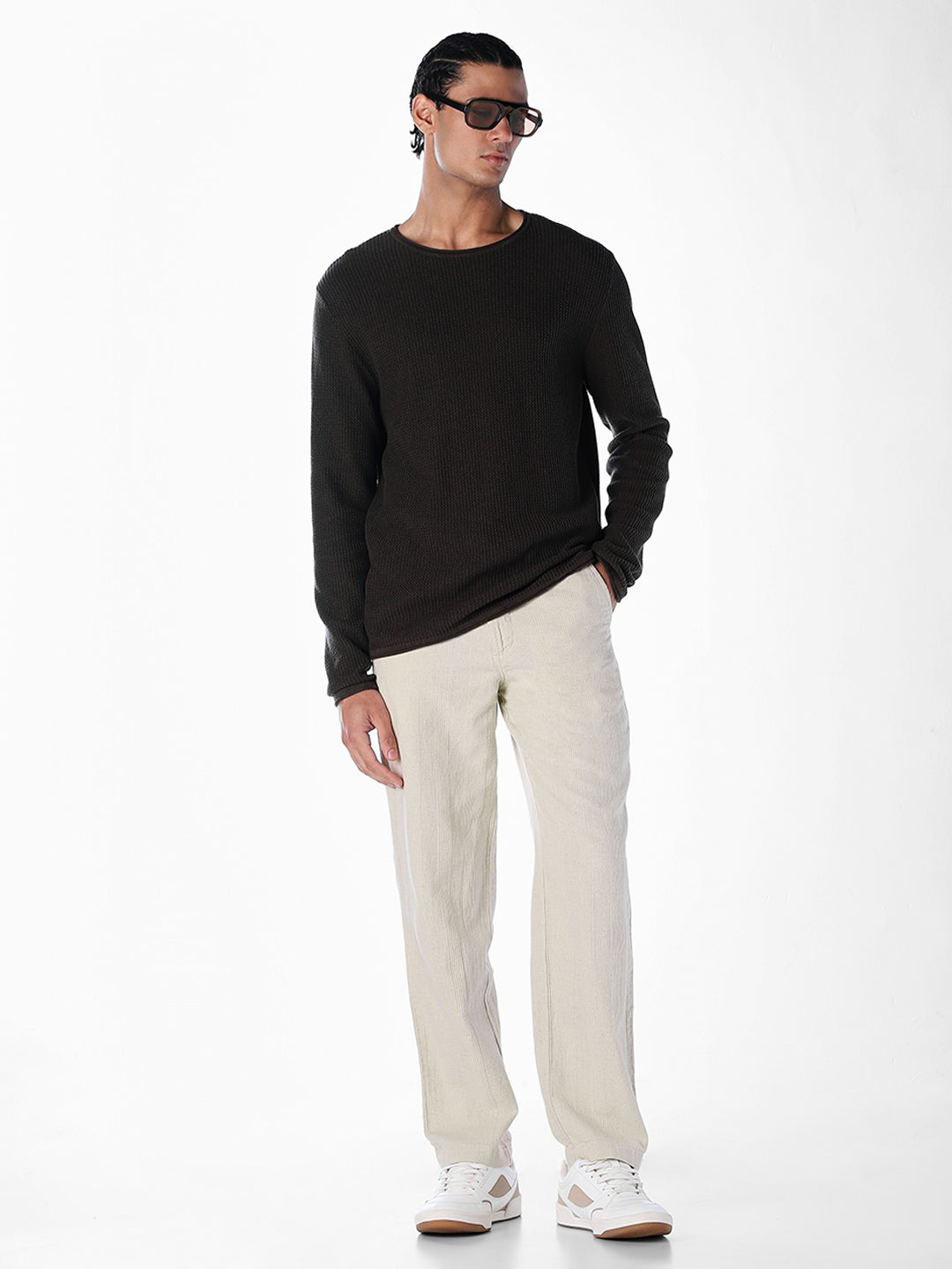 Men's Beige Cotton-Linen Regular Fit Chinos
