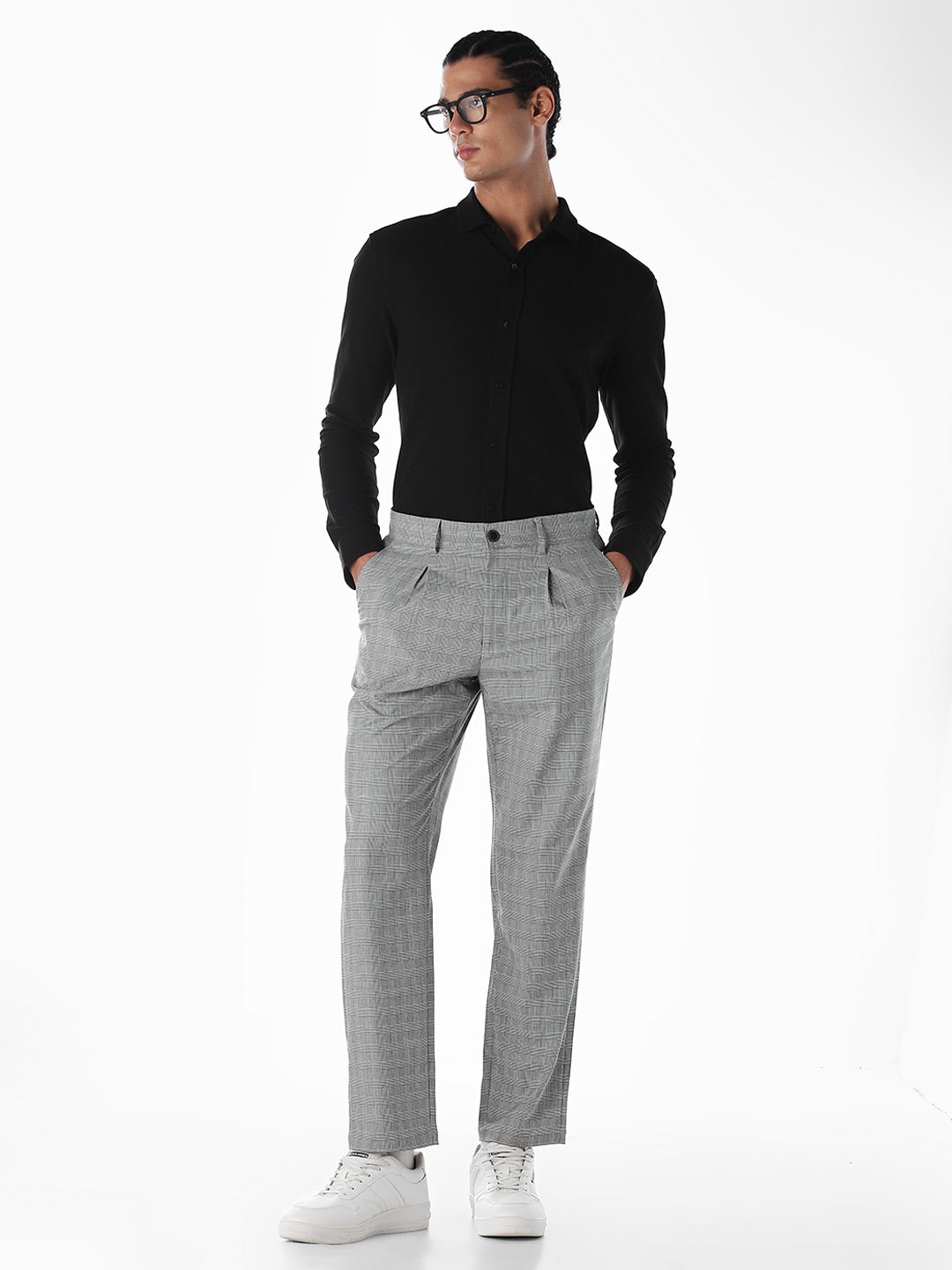 Grey Plaid Pleated Pants