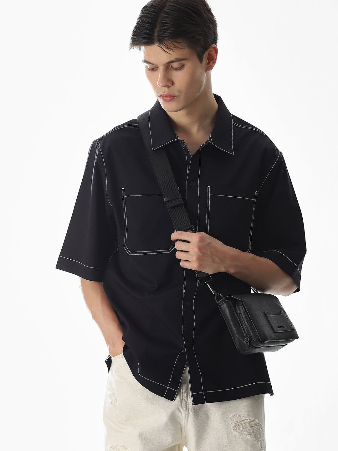 Black Contrast Stitch Oversized Shirt