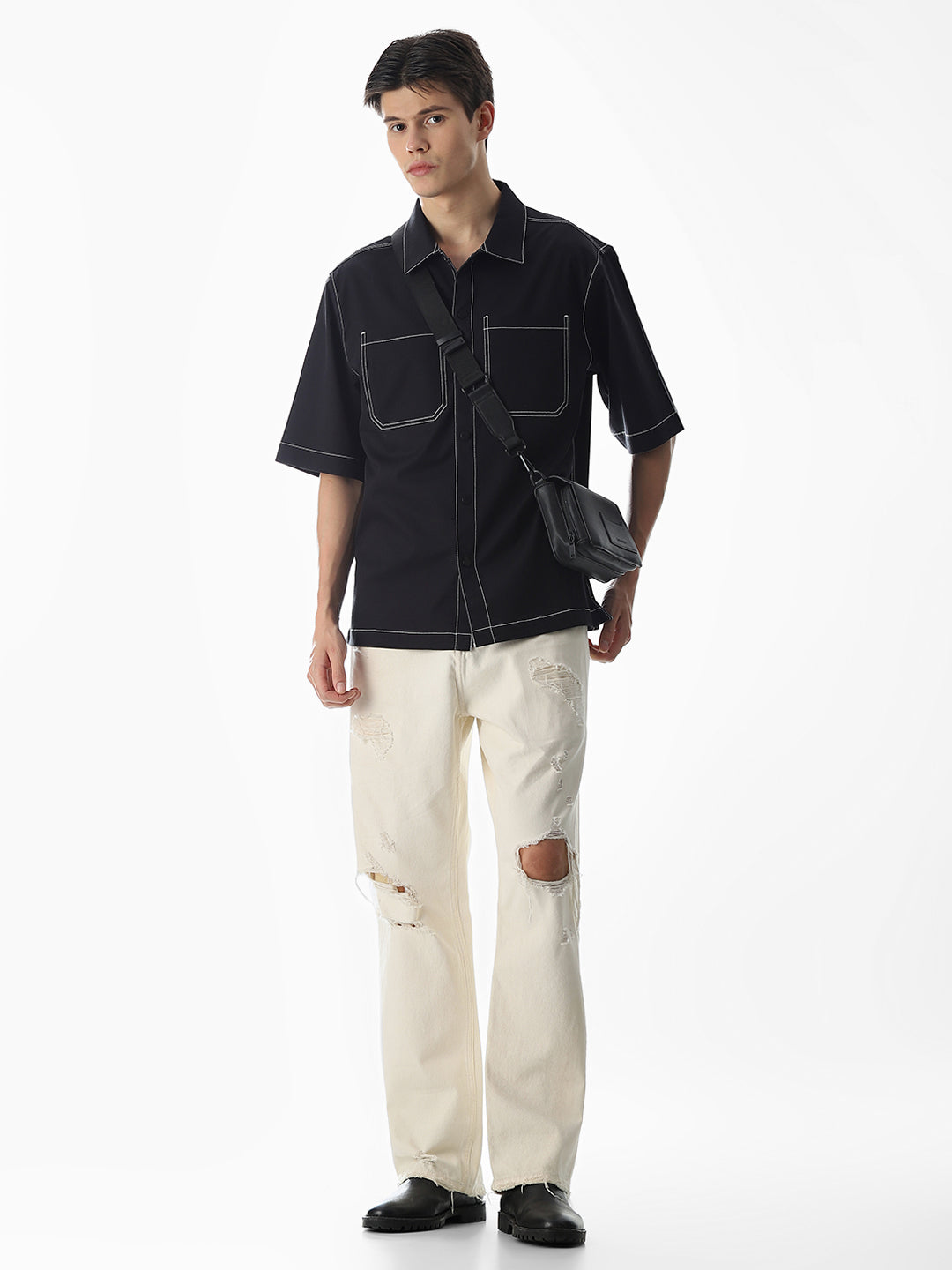 Black Contrast Stitch Oversized Shirt